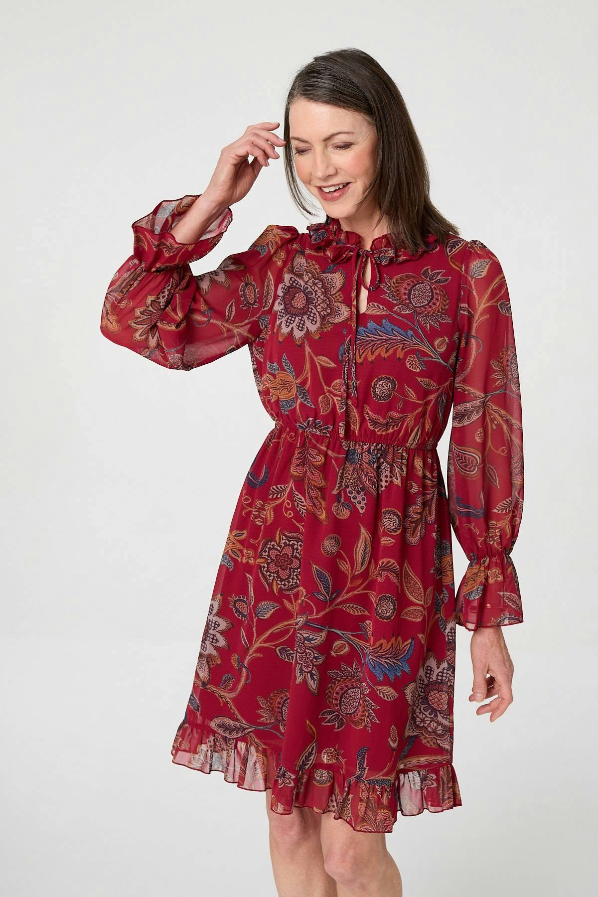 Izabel London Red Printed Frill Trim Knee Length Dress - 8