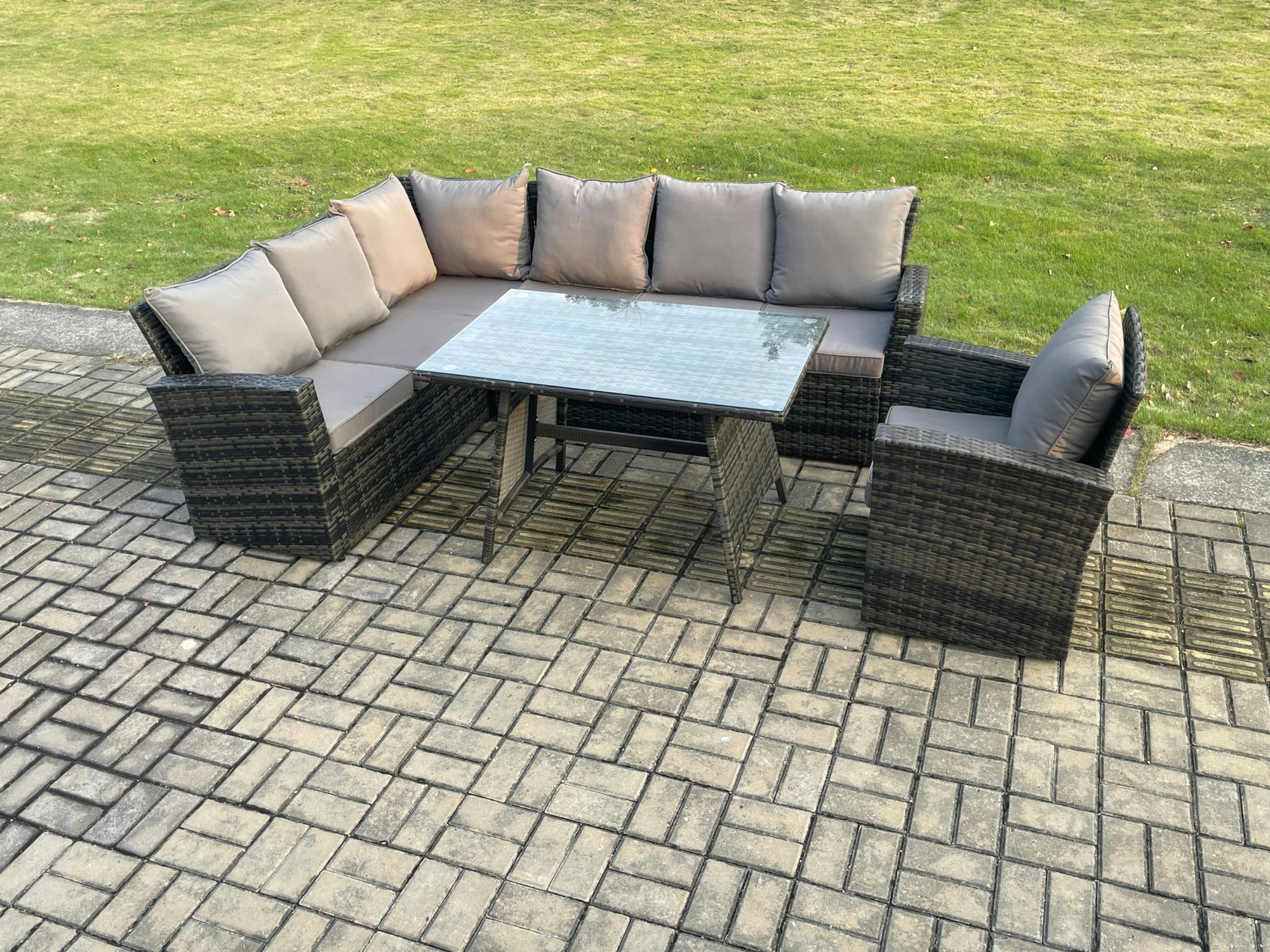 Rackhams Dark/Grey High Back Outdoor Garden Furniture Set Rattan Corner Sofa Dining Table Set With Armchair 7 Seater Mixed