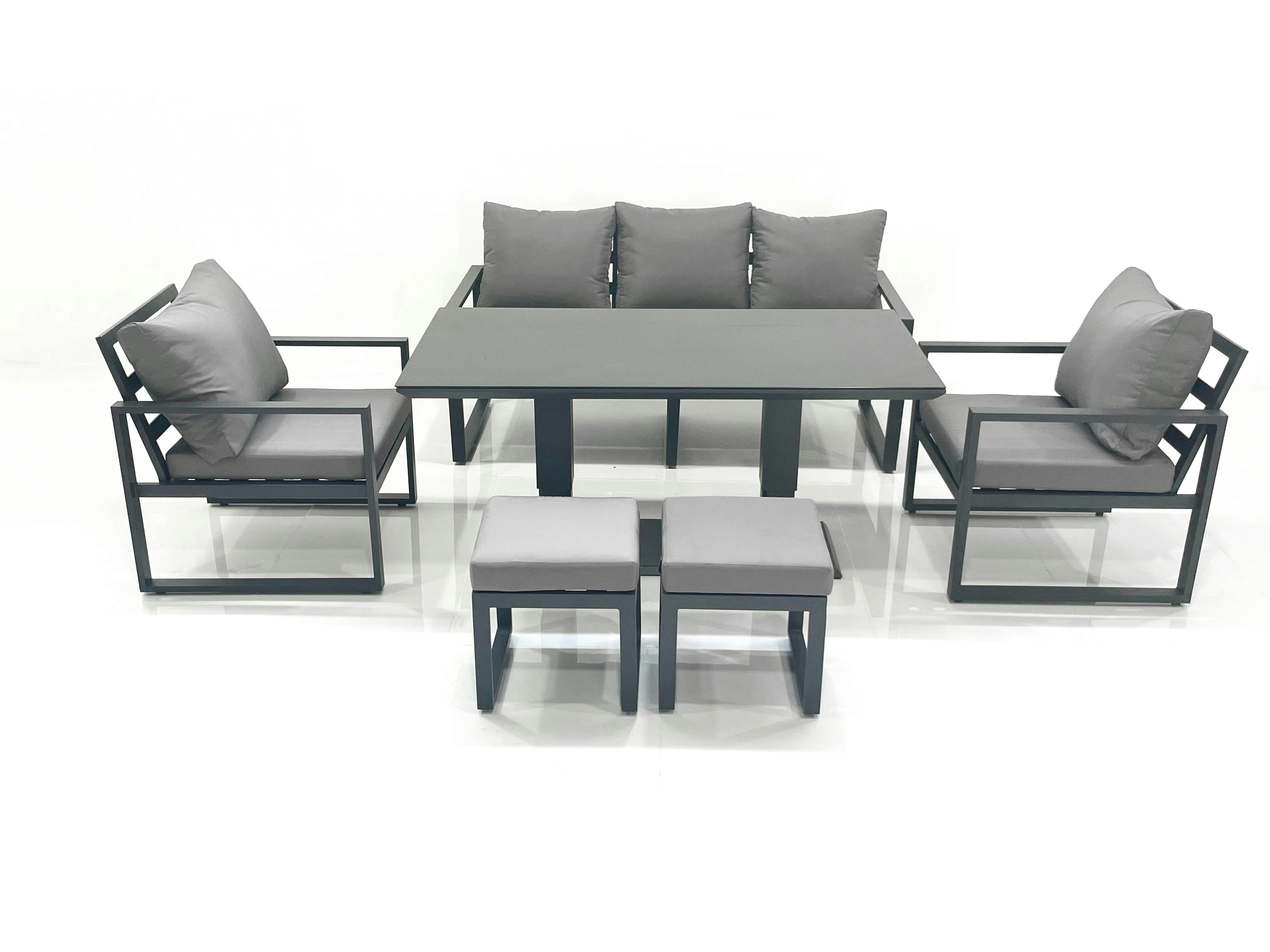 Fimous Dark/Grey Outdoor Aluminium Garden Furniture Set With Adjustable Rising Lifting Dining Table 3 Seater Sofa 2 Chair 2 Small Footstools