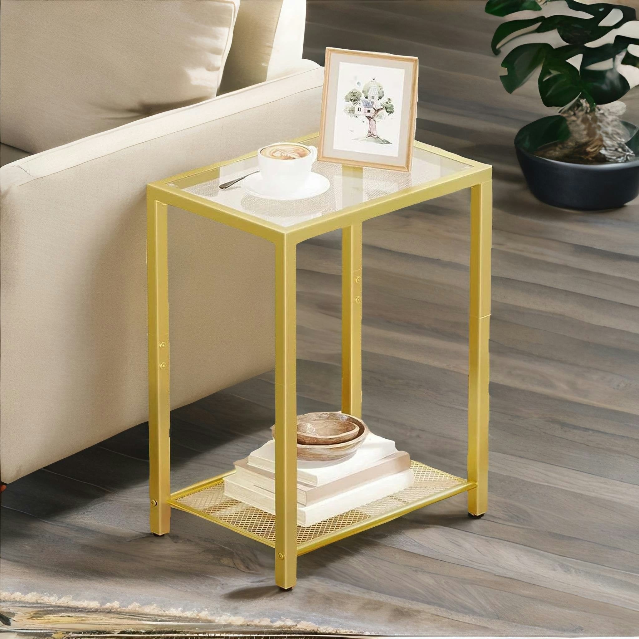 Rackhams Light/Gold Small Coffee Table With Metal Mesh Shelf