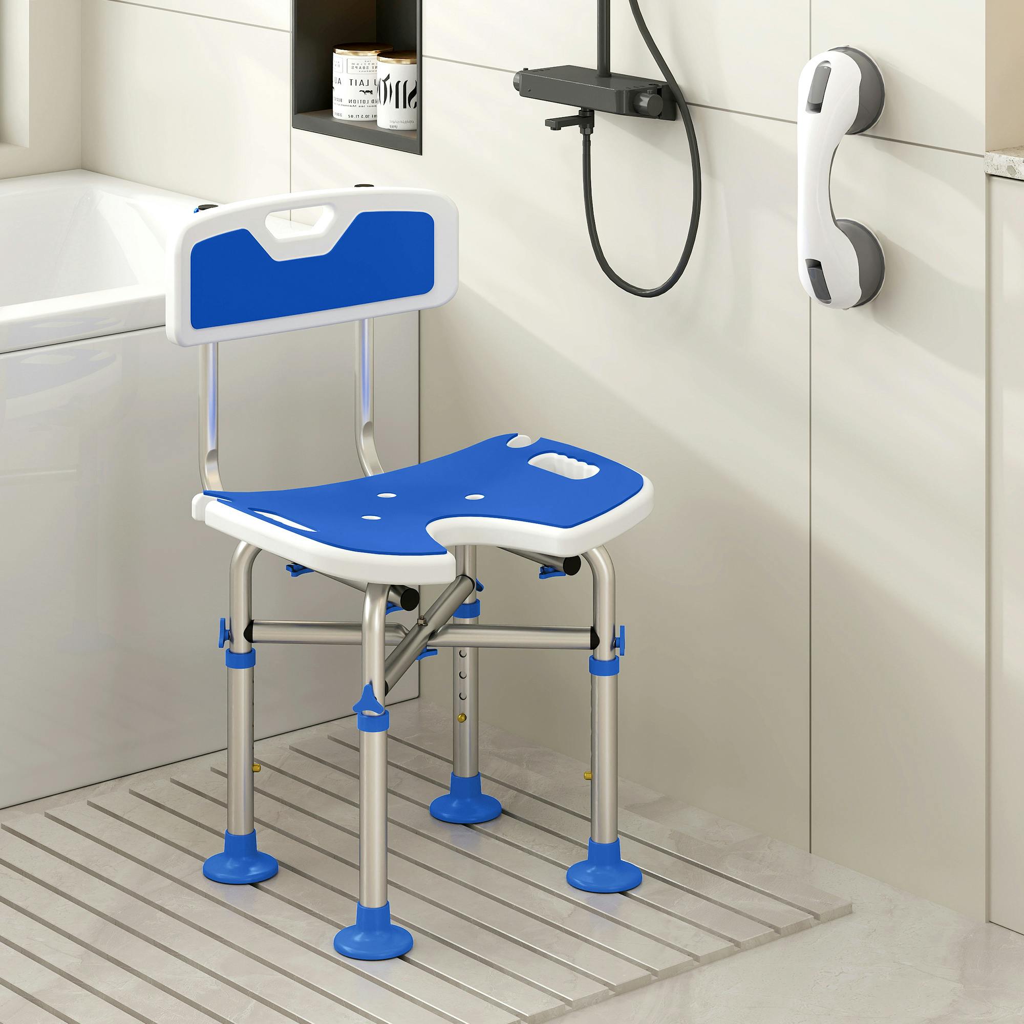 Homcom Blue Shower Chair With U-Shaped Cutout, Height Adjustable Shower Chair