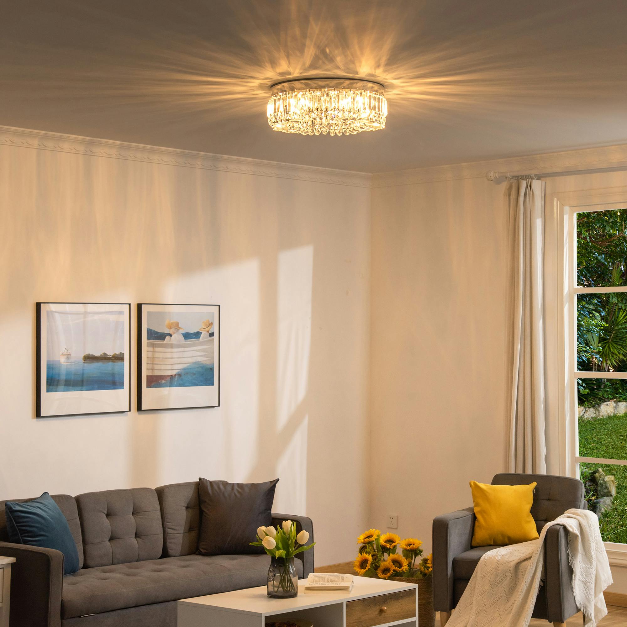 HOMCOM Crystal Ceiling Light - Modern Chandelier - Silver - Living Room Bedroom - 50cm Diameter - Image 3