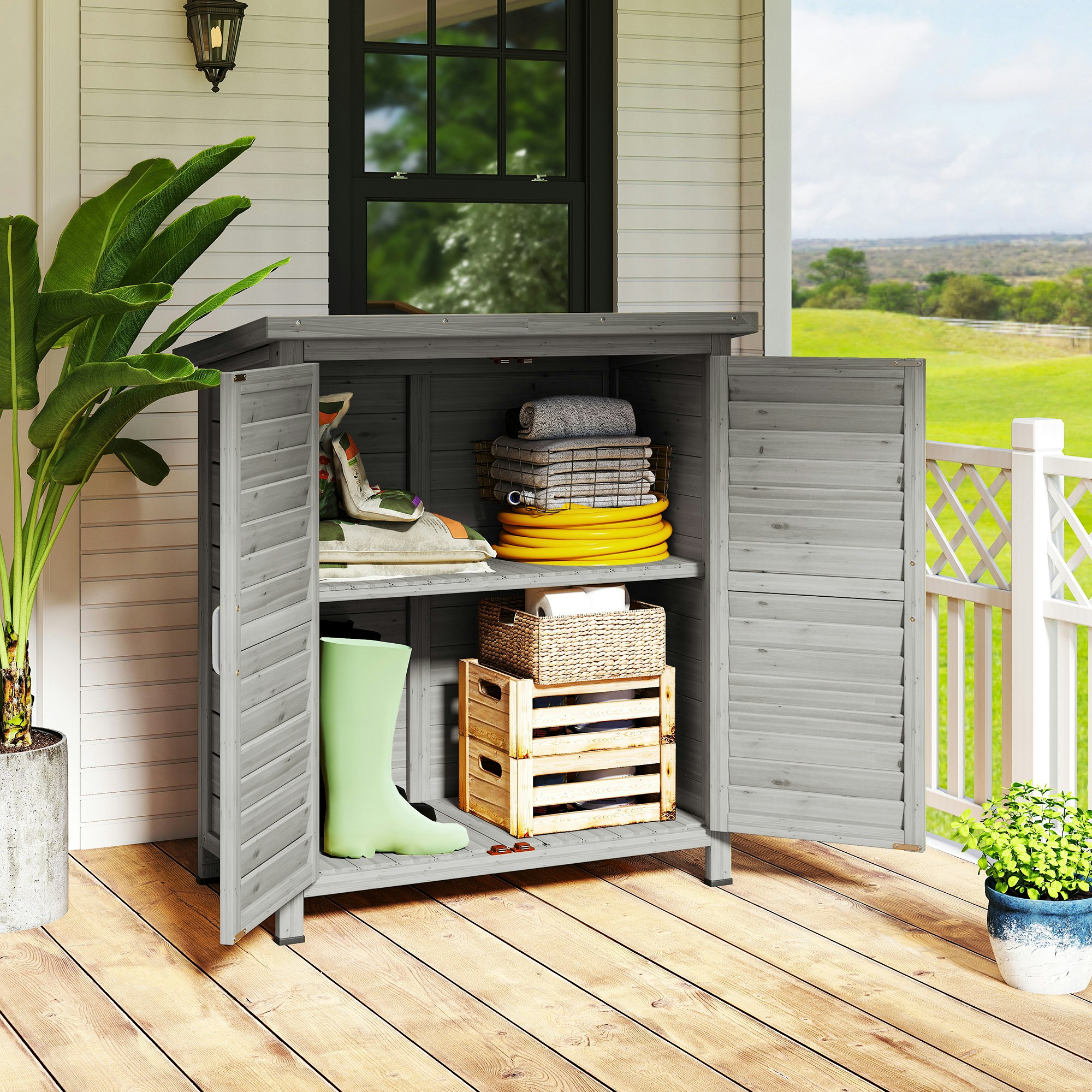 Rackhams Grey Garden Storage Shed Solid Fir Wood Garage Organisation W/ Doors