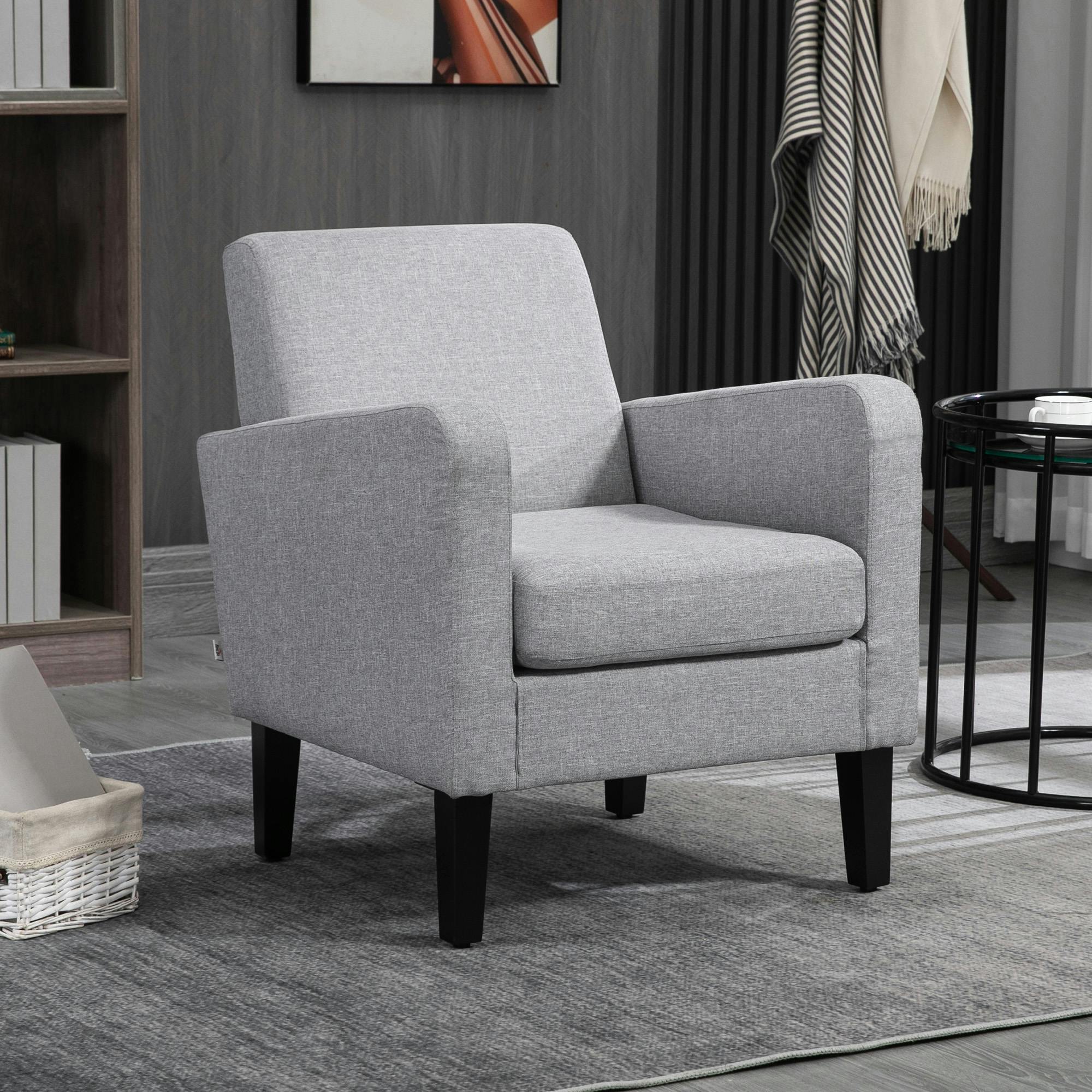 Homcom Light/Grey Modern Armchair Accent W/ Rubber Wood Legs Bedroom