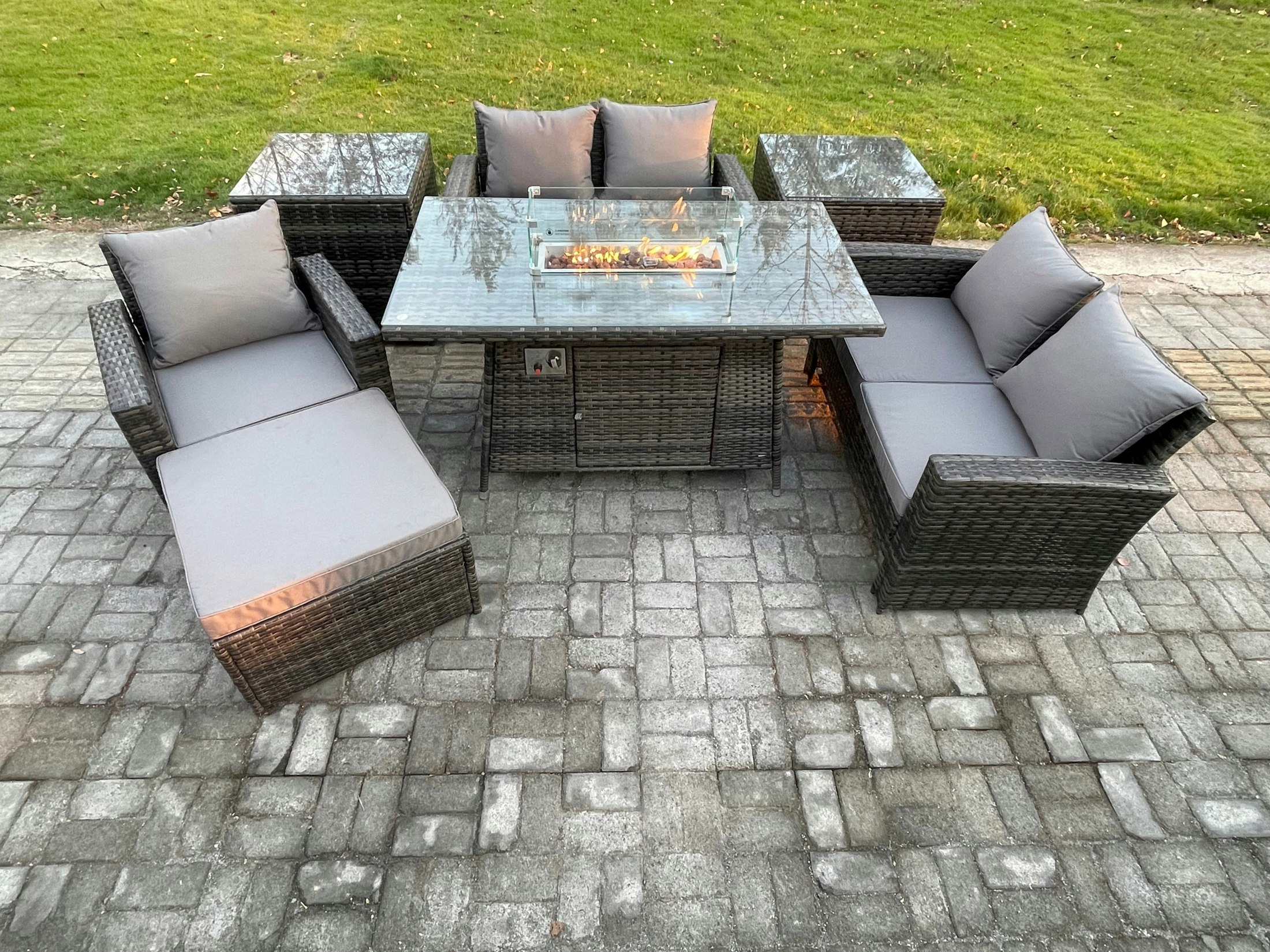 Rackhams Dark/Grey Rattan Outdoor Garden Furniture Gas Fire Pit Table Sets Gas Heater With Love Sofa Armchair 2 Side Tables Big Footstool 6 Seater Mixed