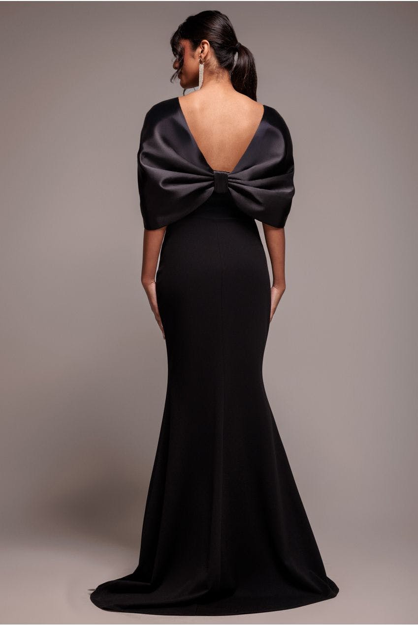 Goddiva Black Off Shoulder Back Satin Bow Scuba Maxi Dress - By - 16