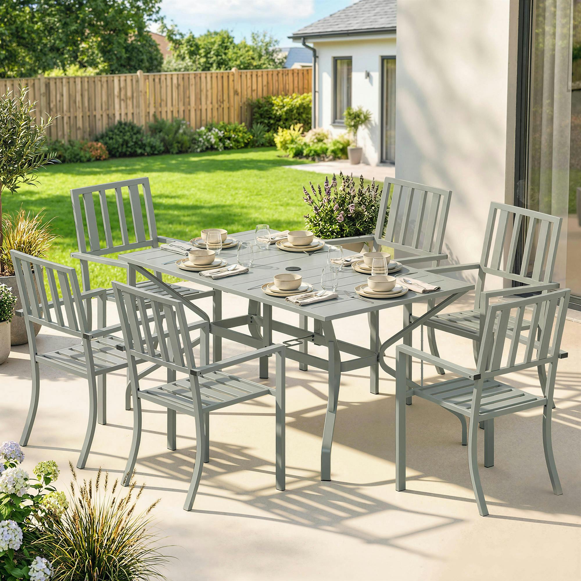 Rackhams Light/Grey 7 Pieces Patio Dining Set With Umbrella Hole For Garden, - Galvanised Steel - 1 Table, 6 Chairs