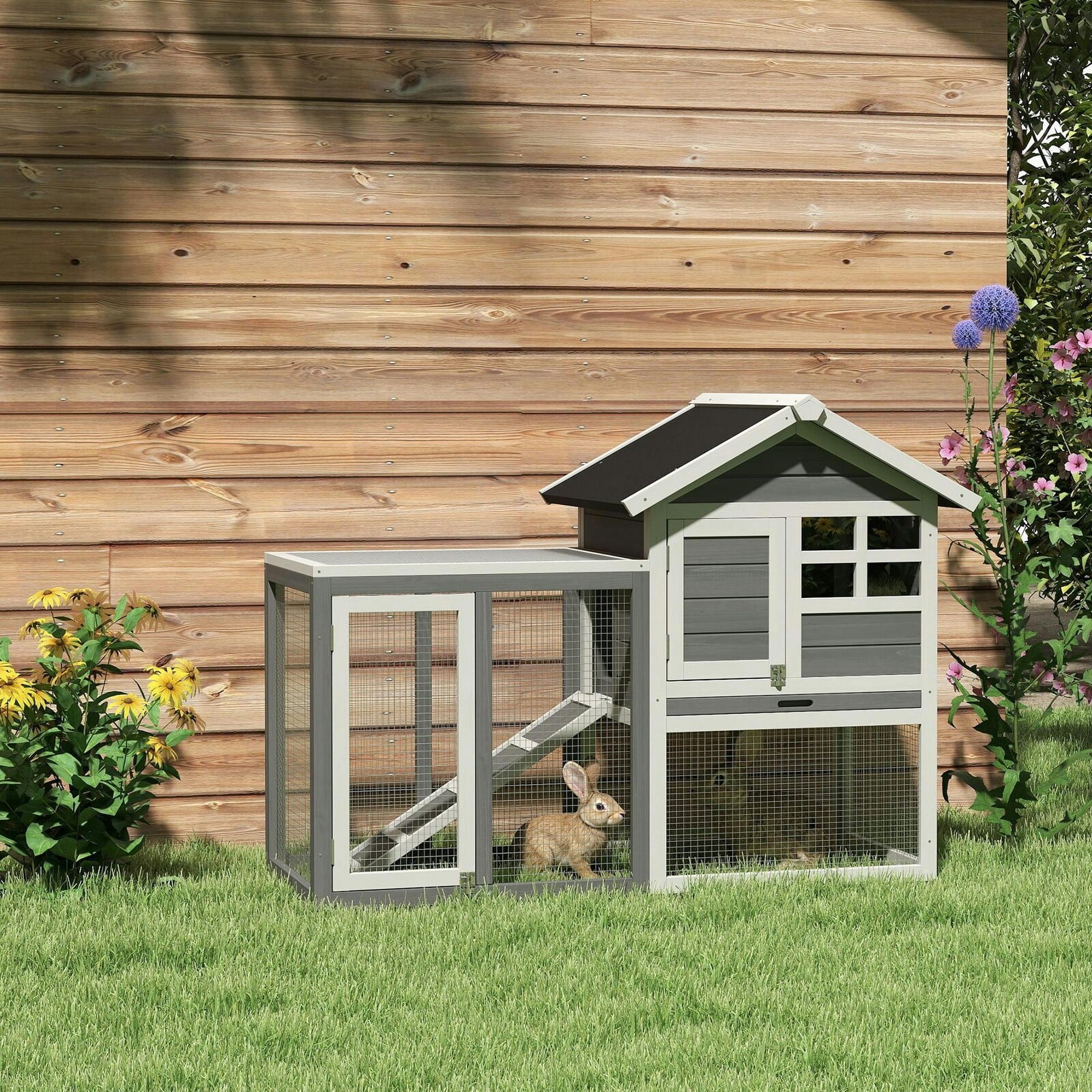 Pawhut 122Cm Wooden Rabbit Hutch Bunny Cage Pet House With Tray Ladder Run