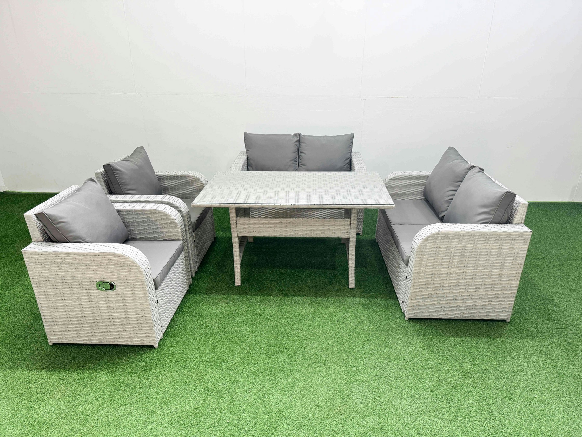 Rackhams Light/Grey 6 Seater Outdoor Reclining Chair Love Sofa Set Rattan Garden Furniture Set With Rectangular Dining Table