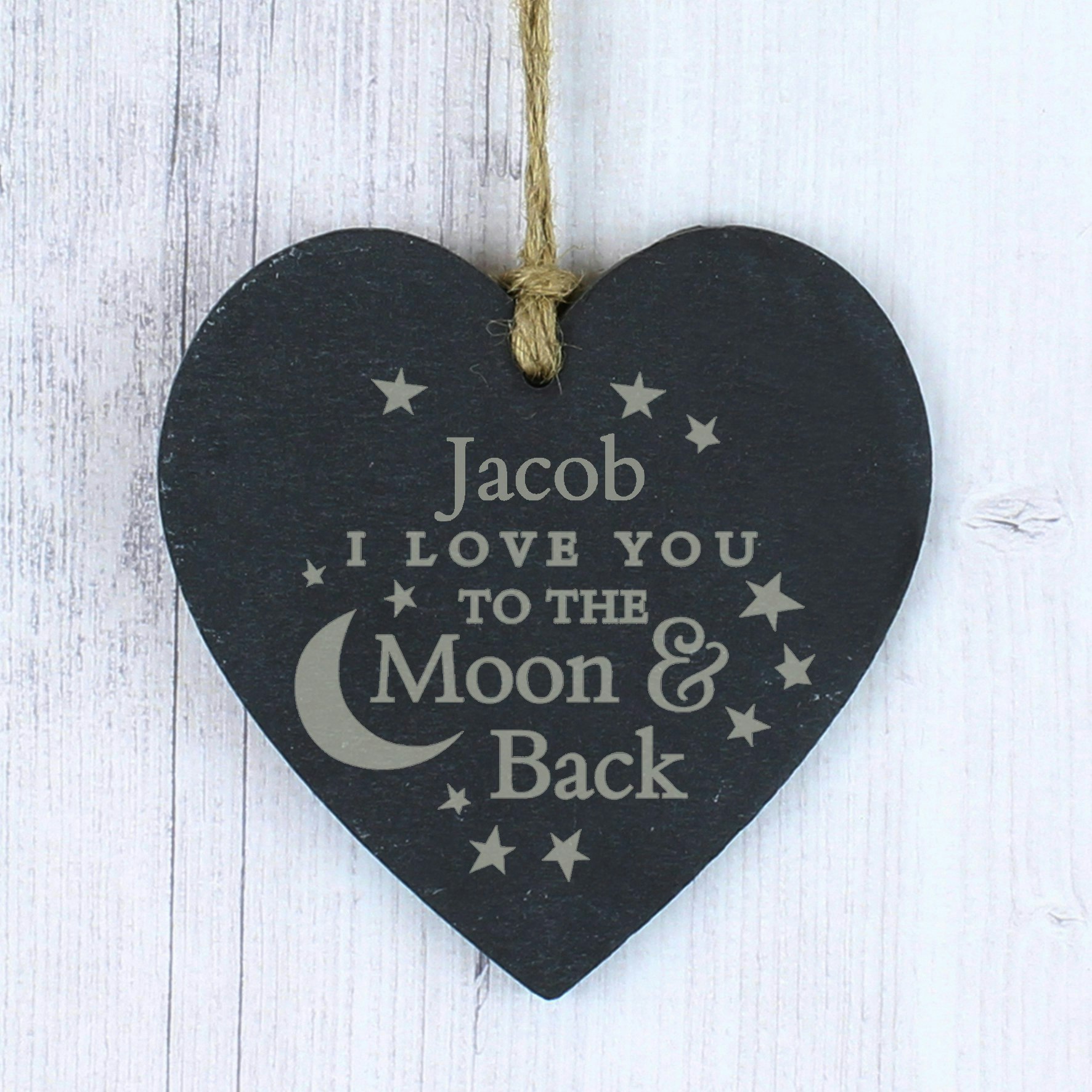 Rackhams Gold Personalised Engraved Moon And Back Slate Heart Decoration