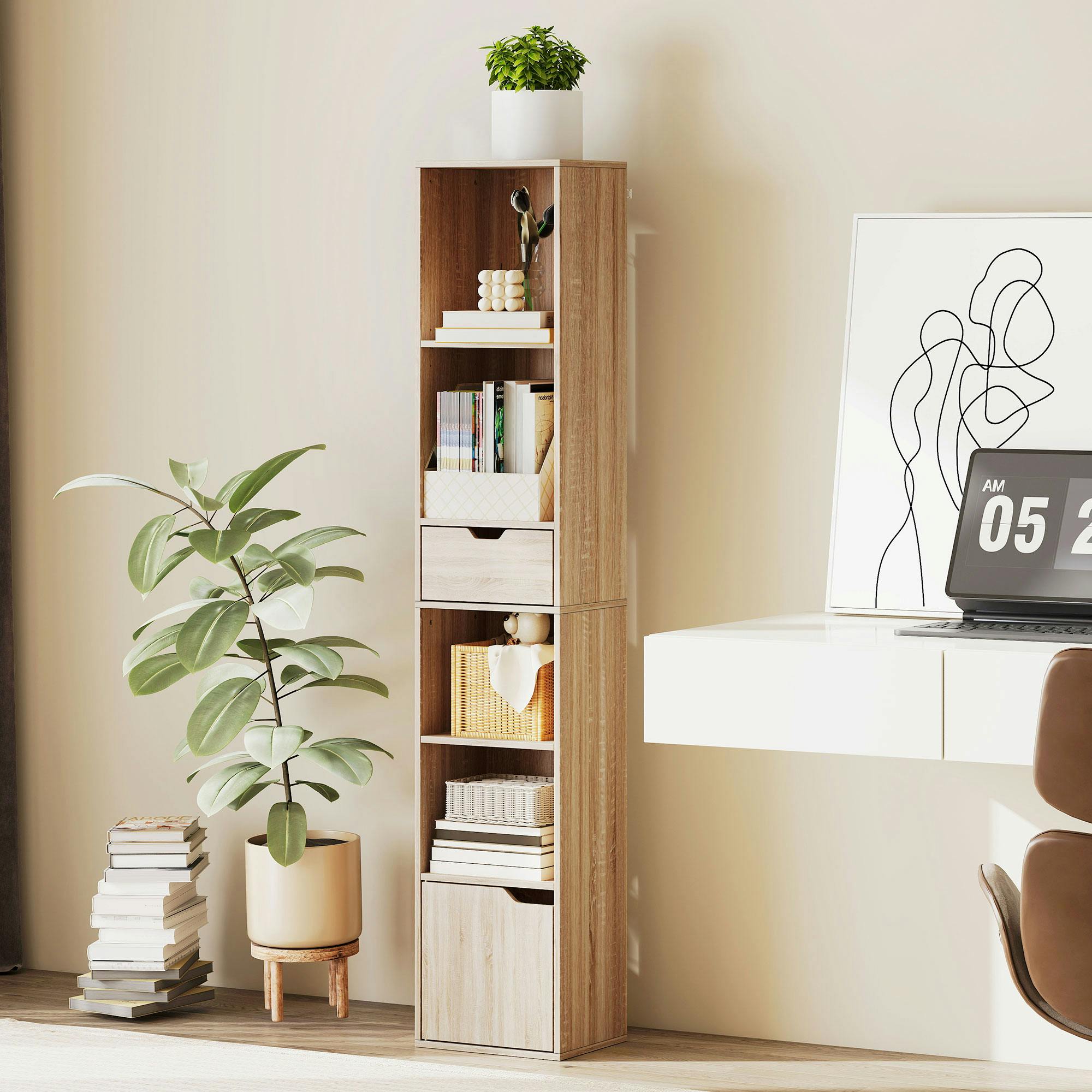 Homcom Black Narrow Bookshelf With Drawer, Tall Bookcase For Living Room, - Natural Wood
