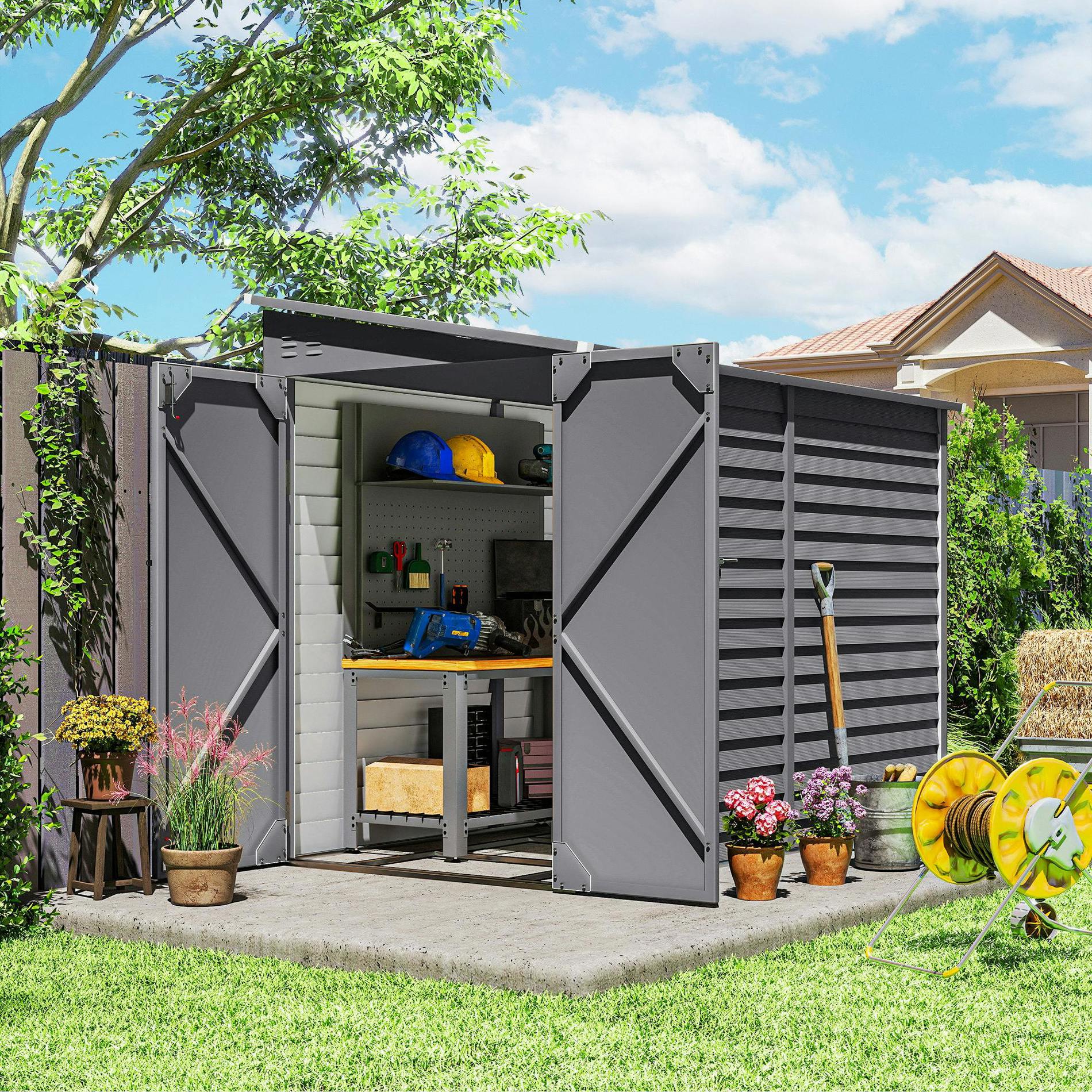 Outsunny Grey 5 X 9Ft Galvanised Metal Garden Shed With Foundation Kit