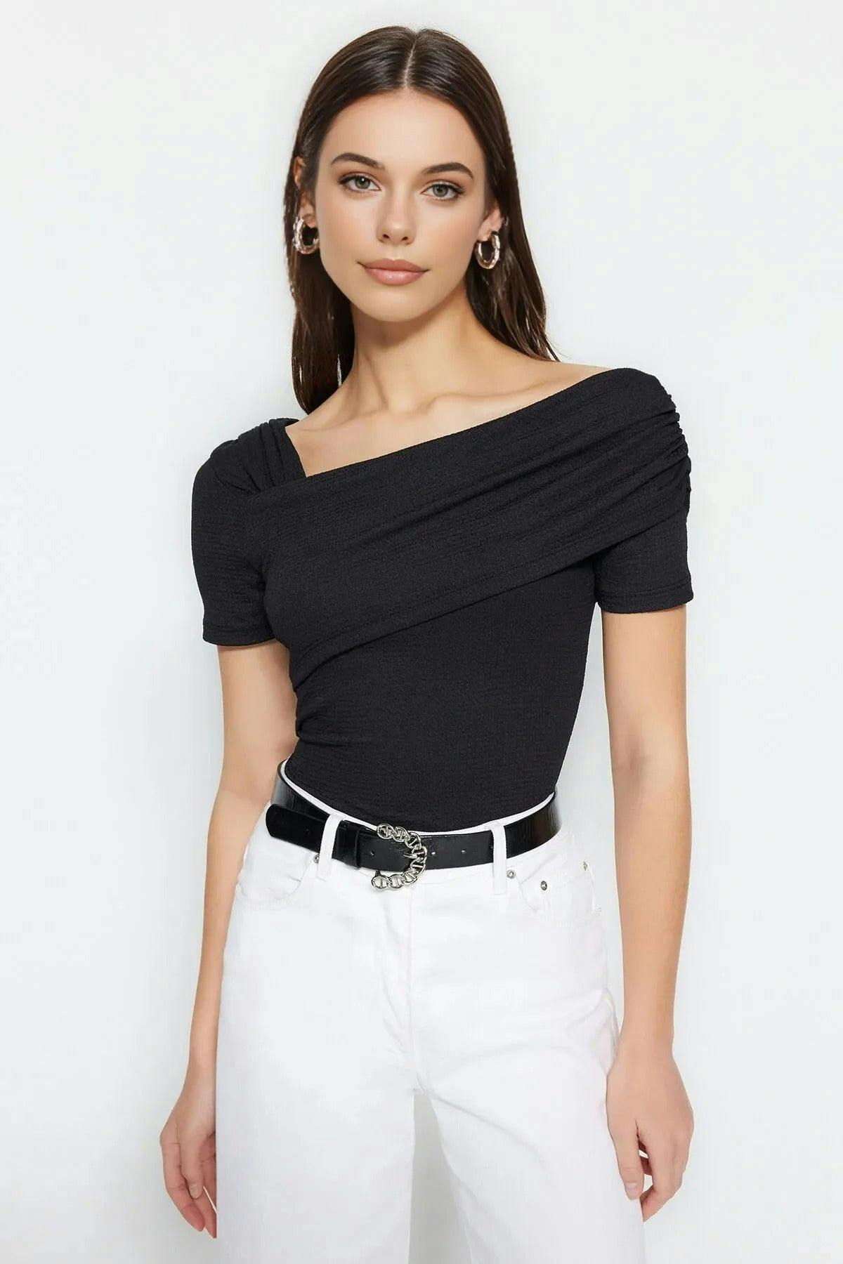 Wovcor Black Asymmetrical Collar Fitted Snap Button Knitted Bodysuit - S