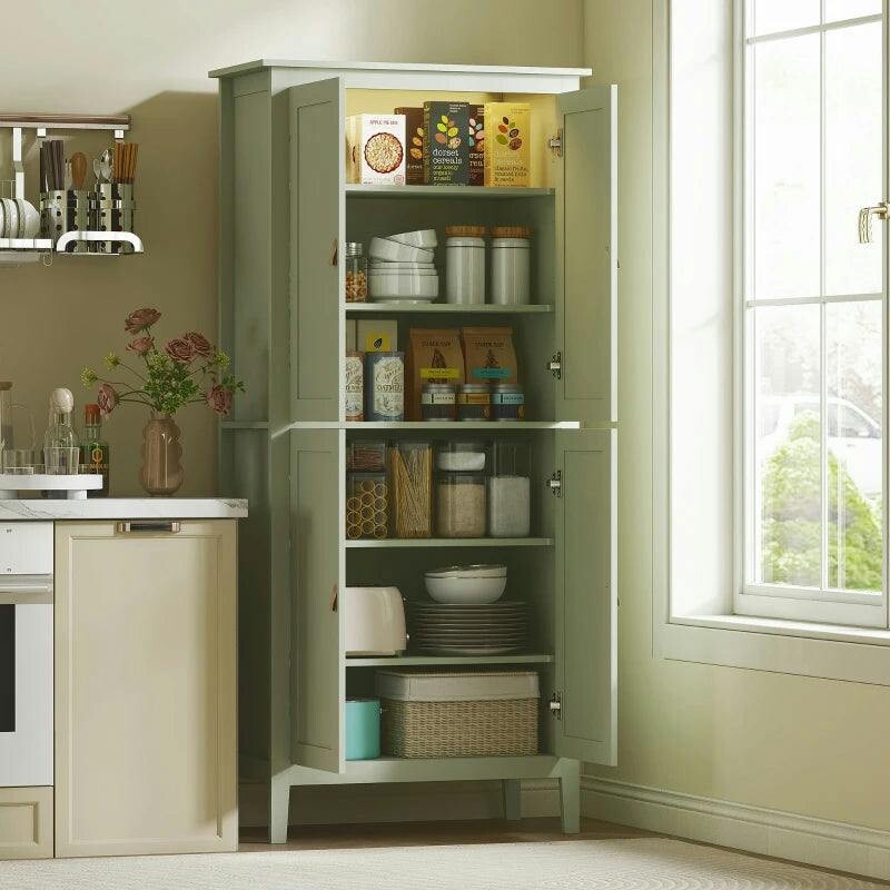 Homcom (Green) 176.5 Cm Tall Freestanding Pantry Storage Cabinet With 4 Doors - Image 5