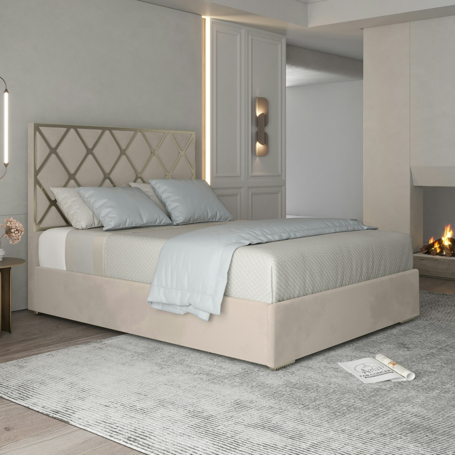 Casa Magna Cream/Silver Tammy Upholstered Soft Velvet Metal Bed Frame - King