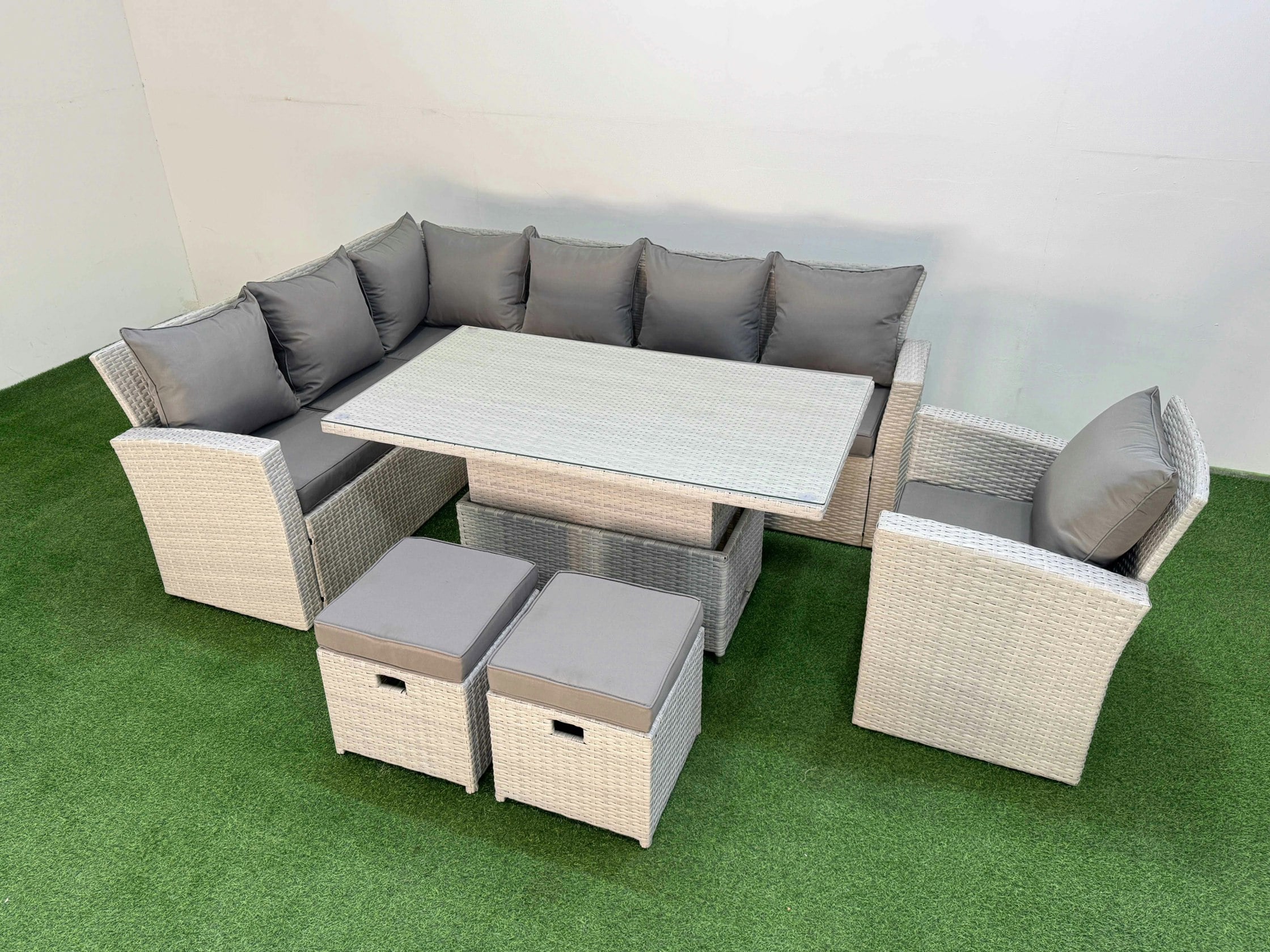 Rackhams Light/Grey 9 Seat Rattan Outdoor Garden Furniture Corner Sofa Set Adjustable Lifting Dining Or Coffee Table Set With 2 Small Footstools