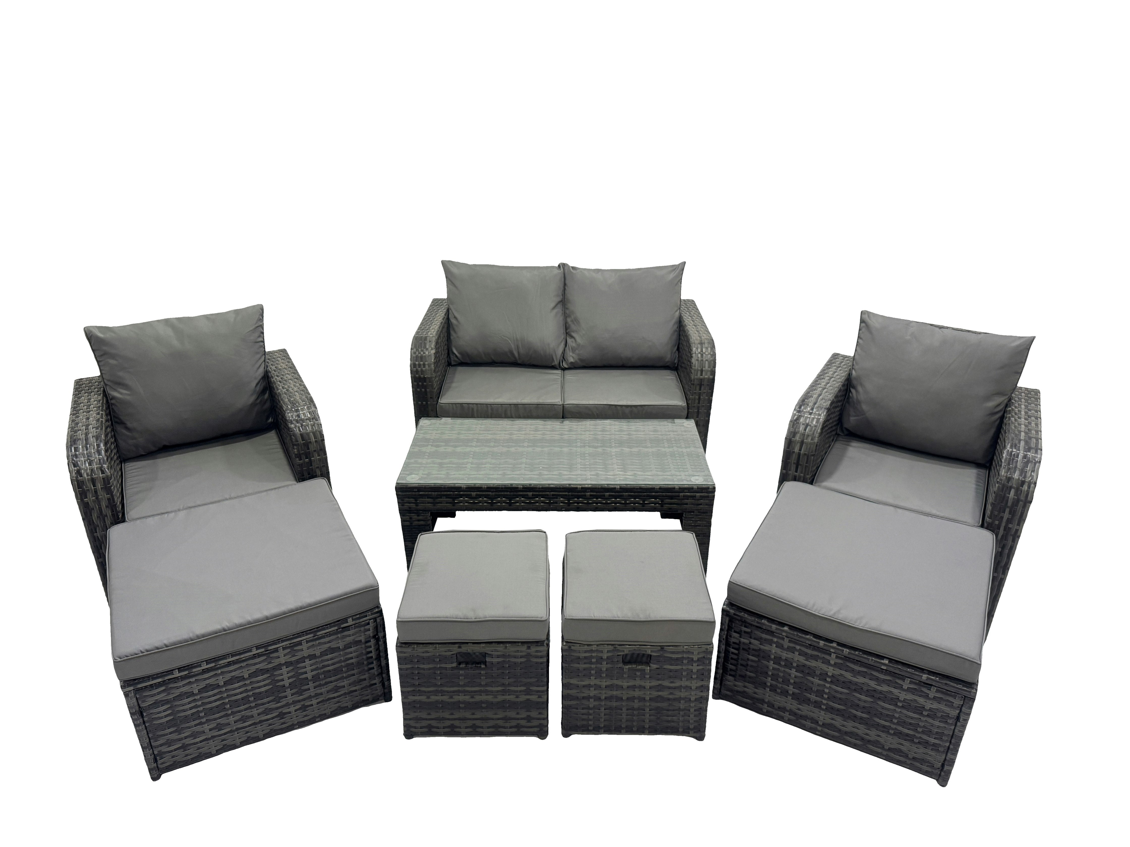 Fimous Dark/Grey 3 Seater Sofa Reclining Chair Coffee Table Set Rattan Garden Outdoor Furniture Set With 4 Stool Mixed