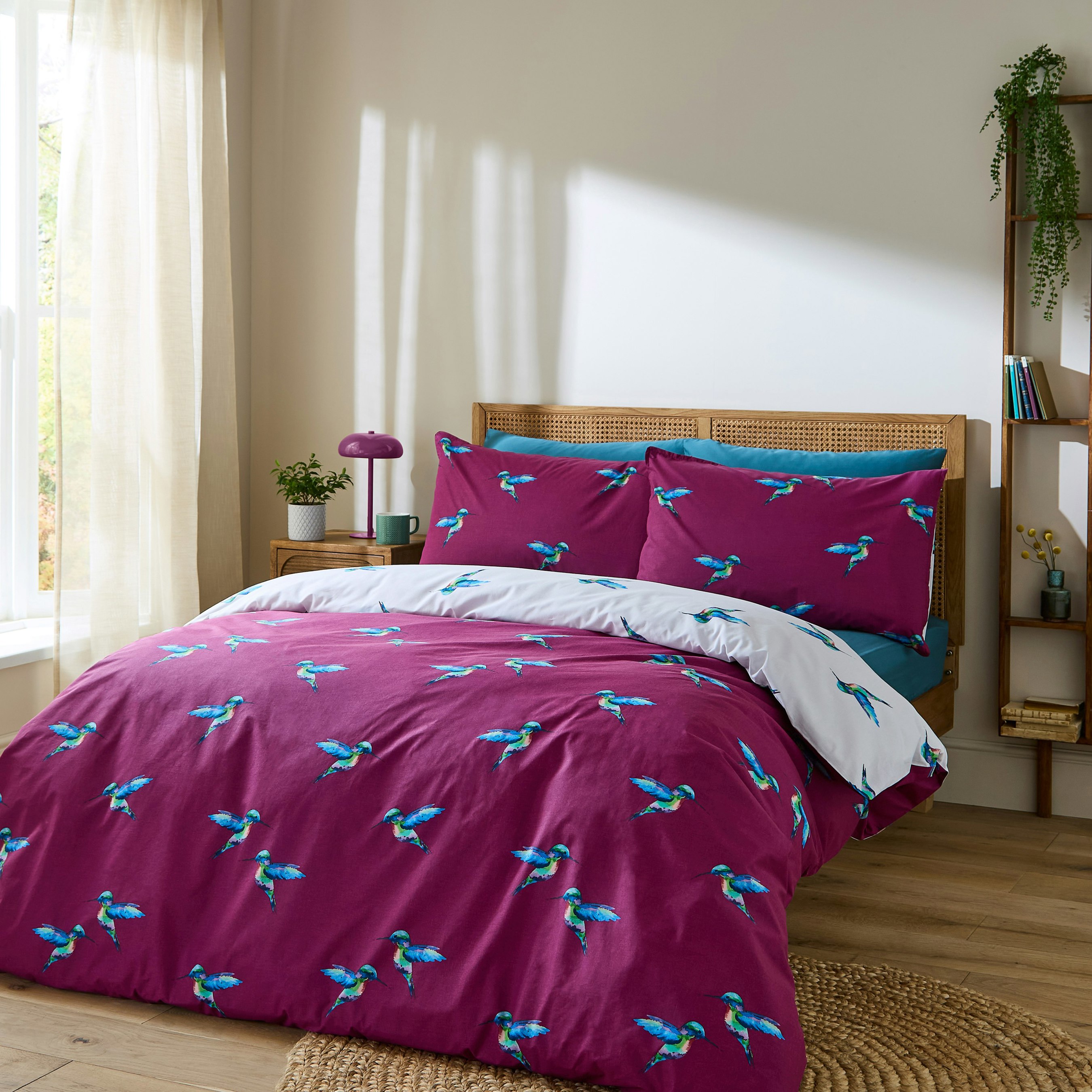 Rackhams White Hummingbird Cotton Reversible Duvet Cover Set Plum - Super King - Plum