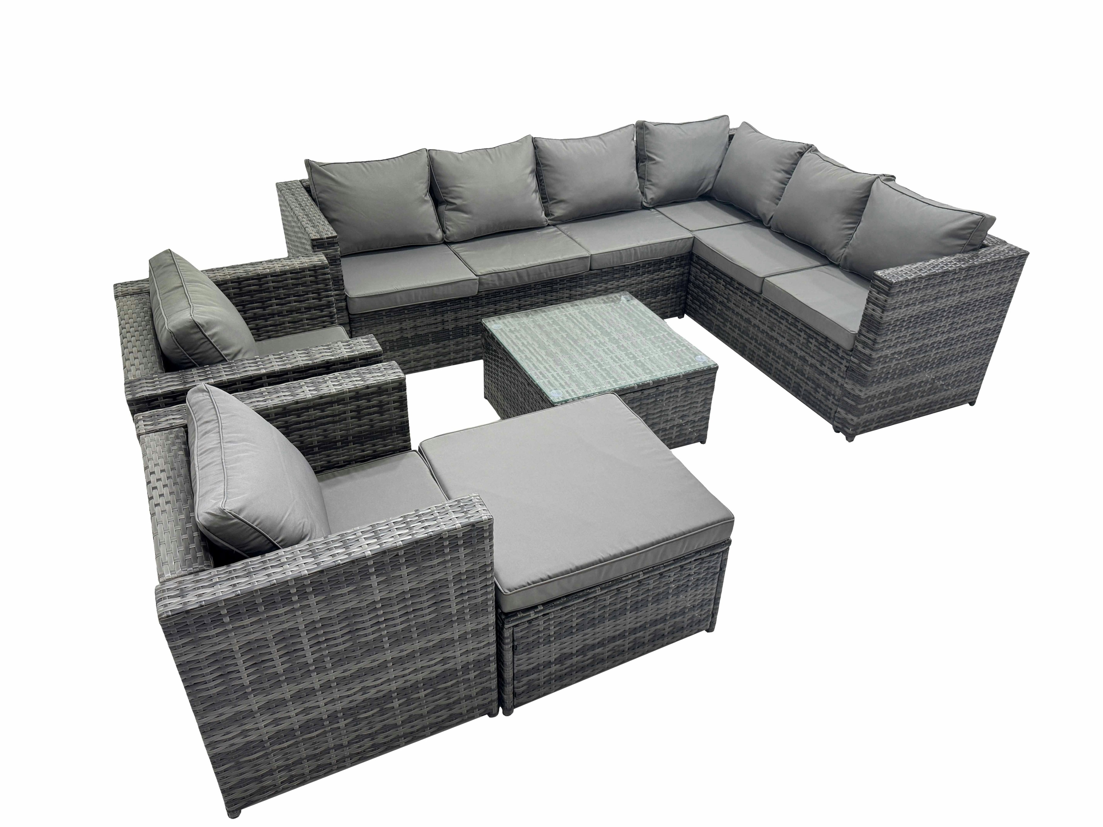 Rackhams Dark/Grey Outdoor Pe Rattan Garden Furniture Sofa Set With Square Coffee Table Big Stool 2 Chair