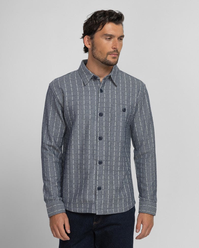 Steel & Jelly Crewe - Stripe Jacquard Long Sleeve Shirt - Navy - M