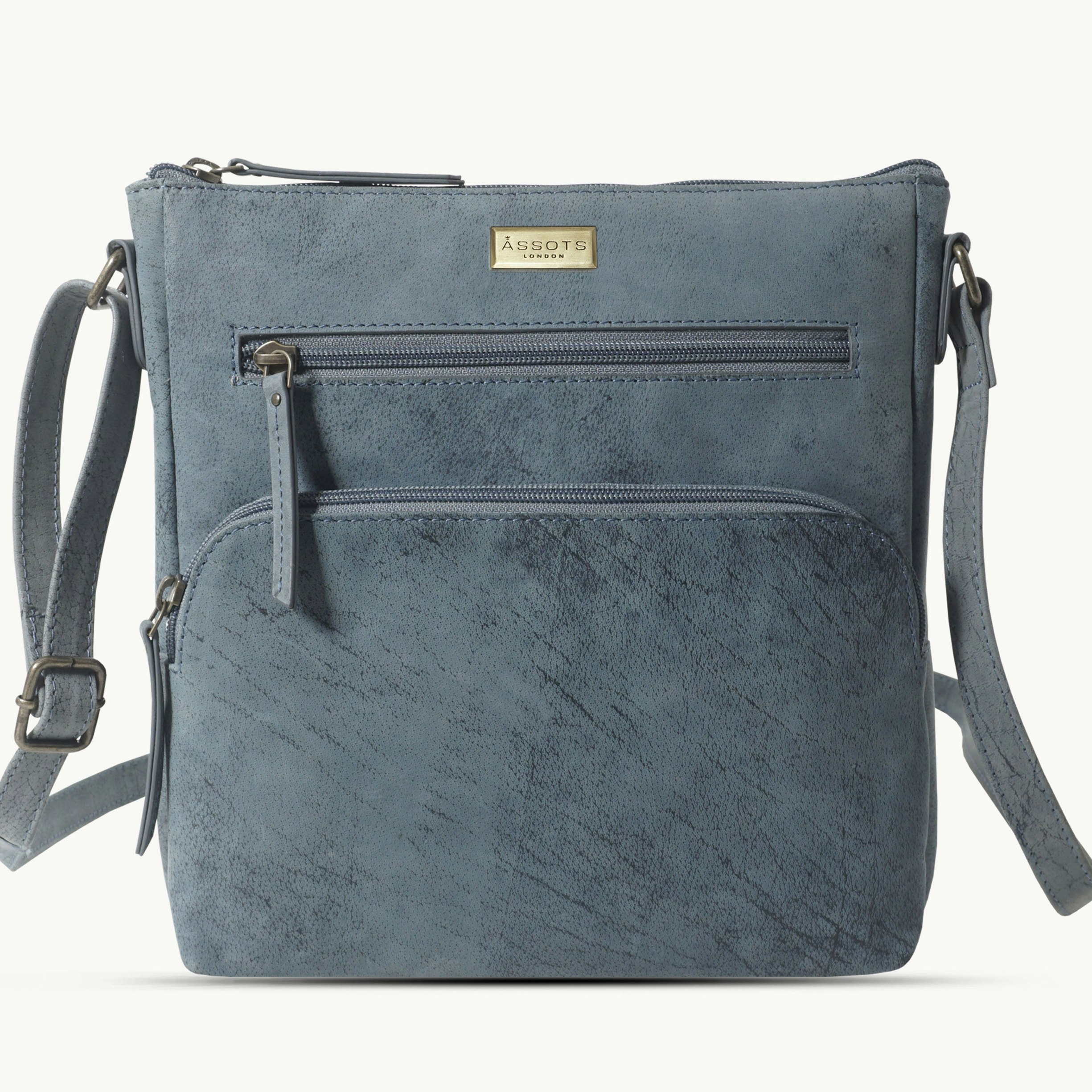 Assots London Beige/Silver 'Agatha' Distressed Denim Vintage Vt Real Leather Crossbody Bag