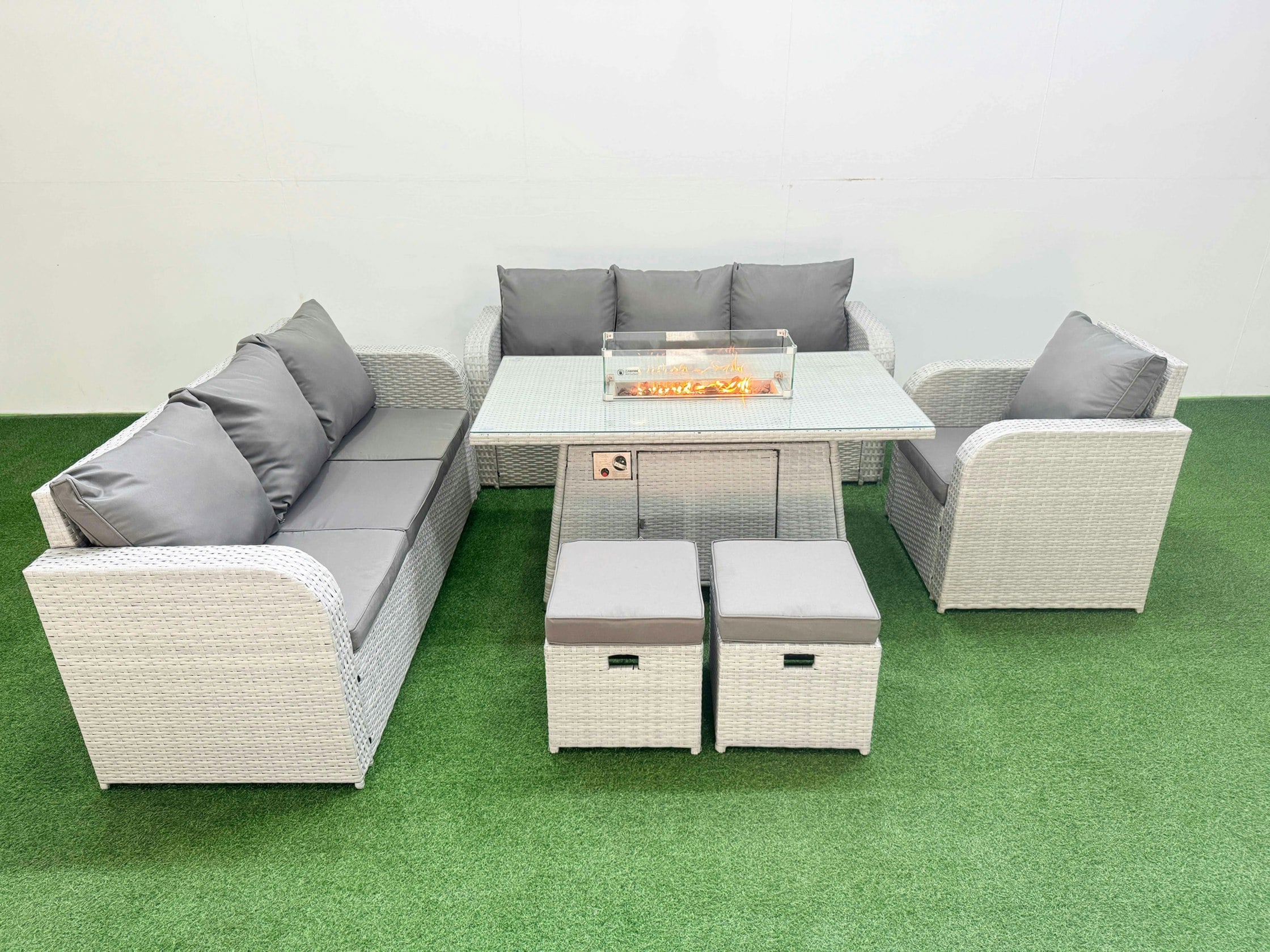 Fimous Light/Grey 9 Seater Rattan Outdoor Garden Furniture Set With Fire Pit Dining Table, 3 Seater Sofa, Reclining Chair, 3 Seater Sofa, Stools