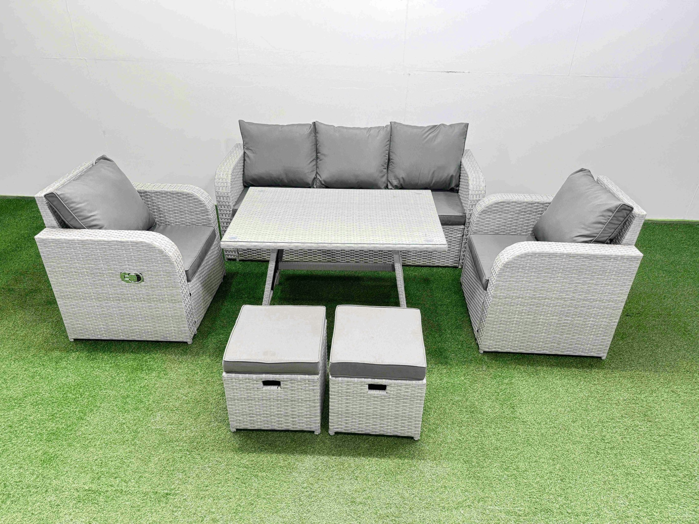 Rackhams Light/Grey Reclining Chair 3 Seat Sofa Set Garden Furniture Set With Rectangular Dining Table 2 Small Footstools