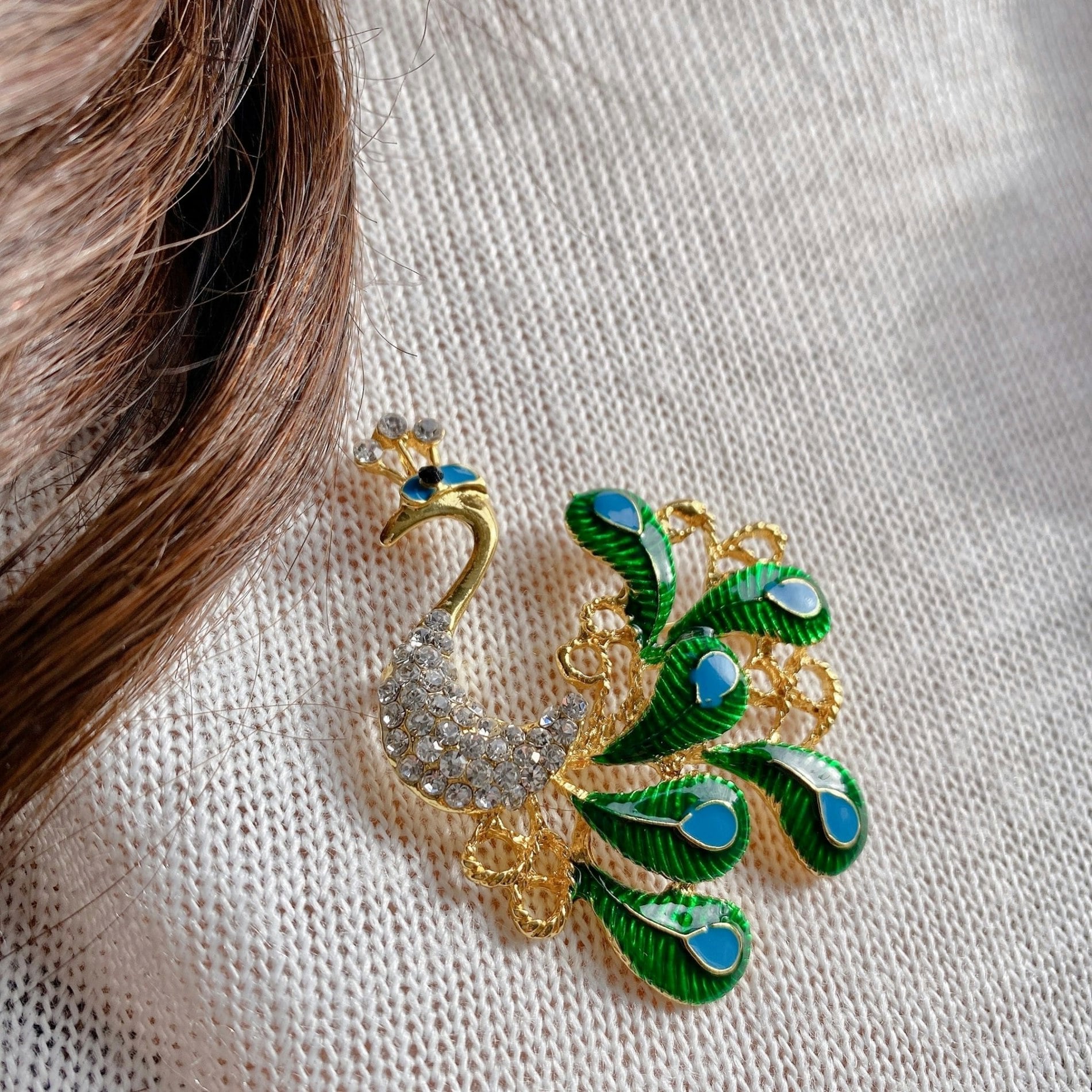 Queenmee Accessories Gold Peacock Brooch With Enamel And Crystal