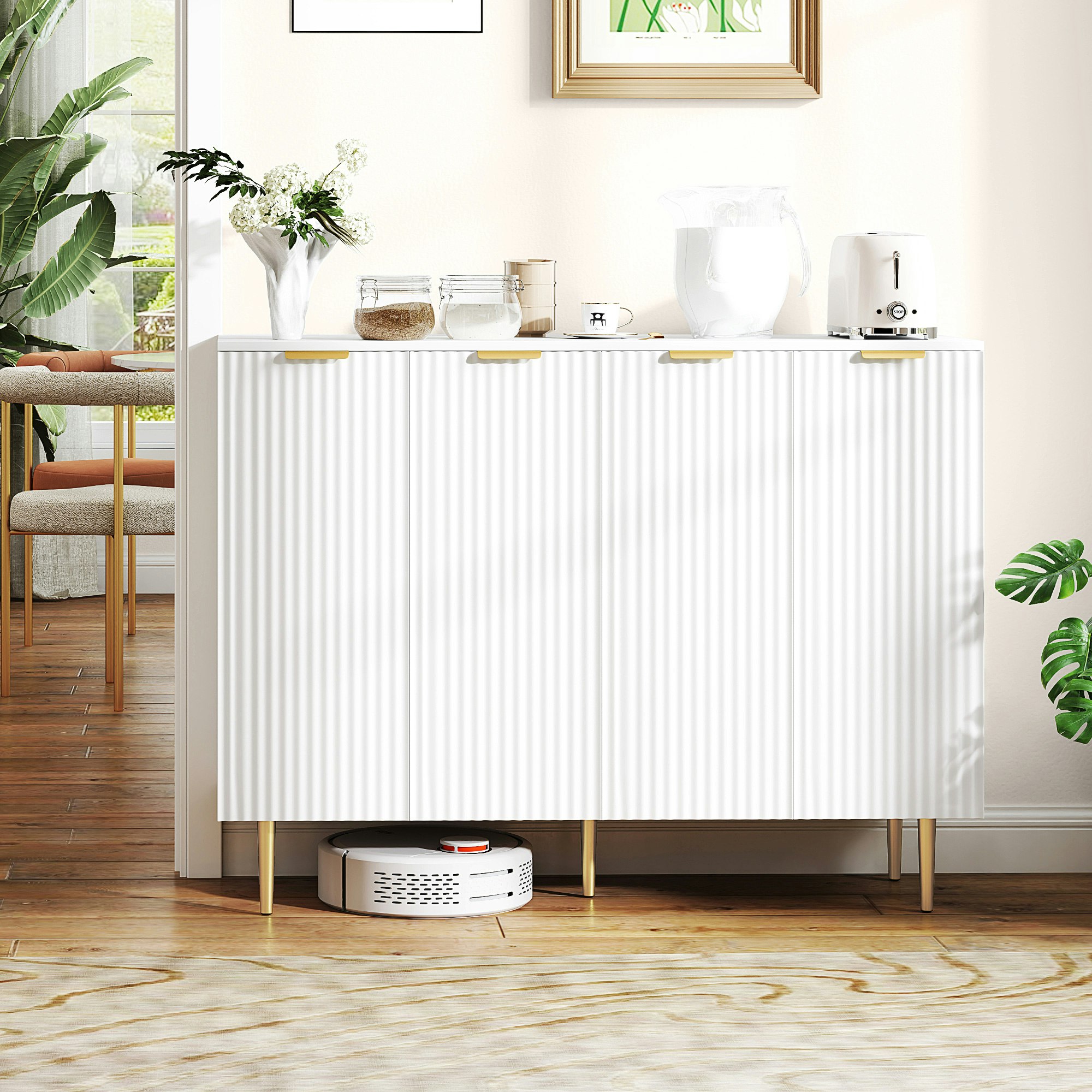 Rackhams White Sideboard Buffet Cabinet With Adjustable Shelves,