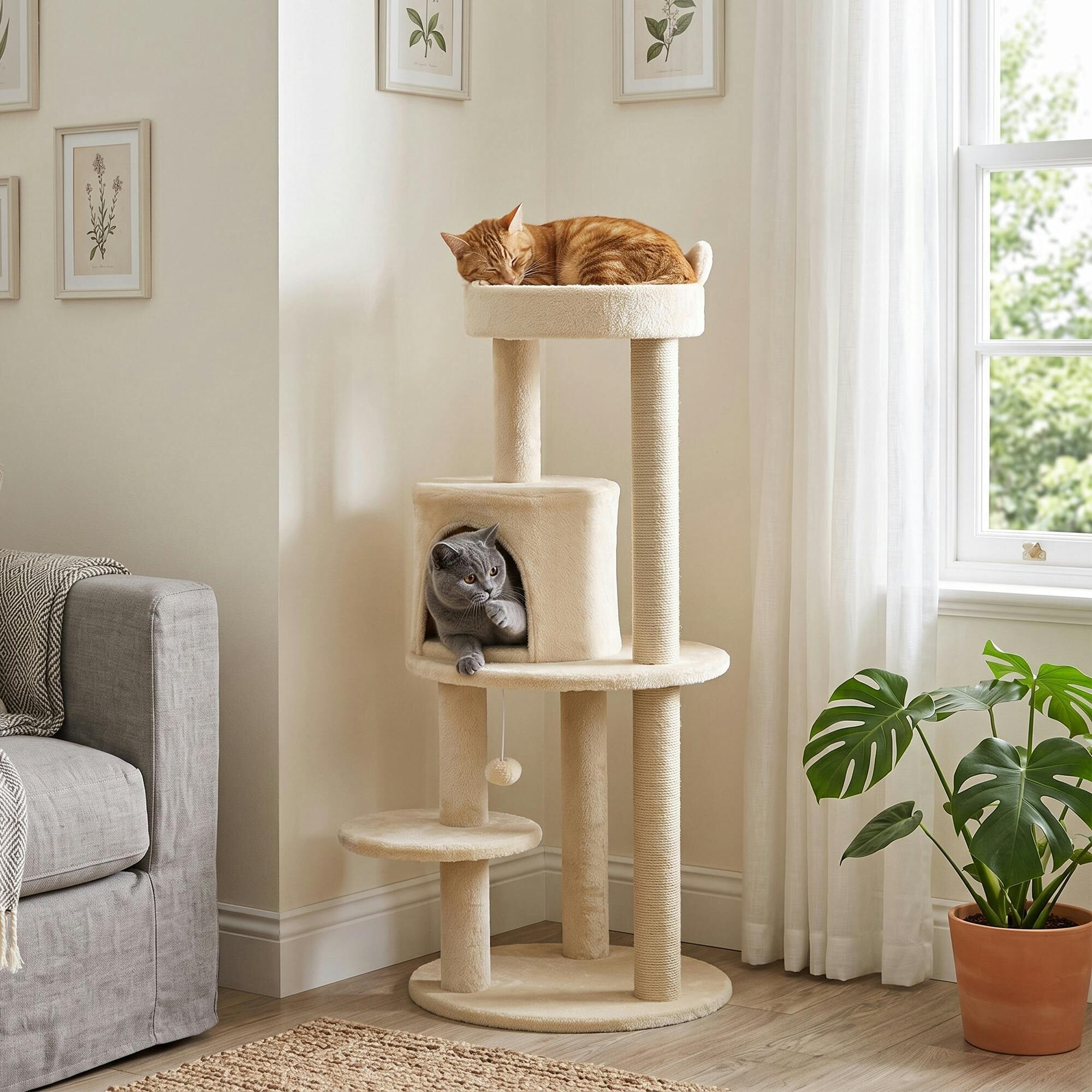 PawHut 3-Tier Cat Activity Tree - Beige Cream - Scratching Posts Kitten House - Image 3
