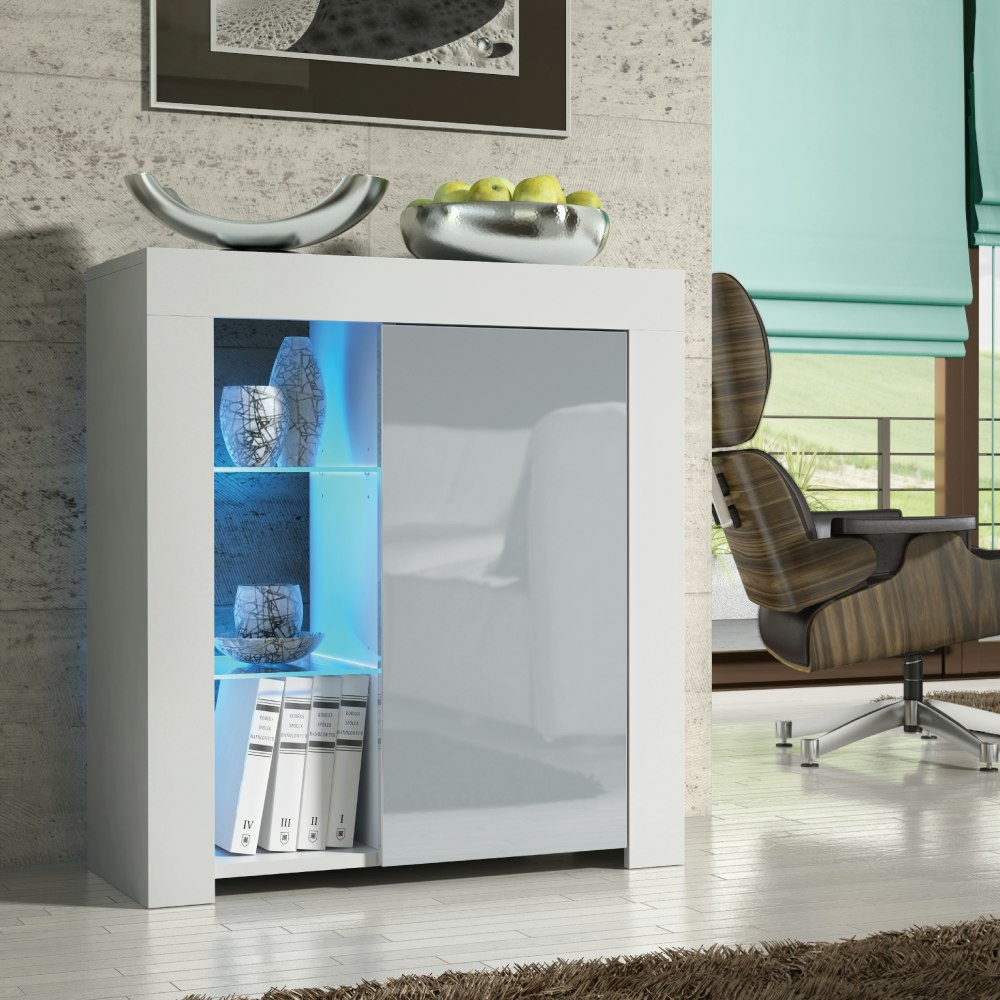 Mex Furniture Grey/White 83Cm Cabinet Cupboard Sideboard With High Gloss Door And Free Led Lights - 83 Cm - Mdf/Chipboard - Matt Body & Gloss Door