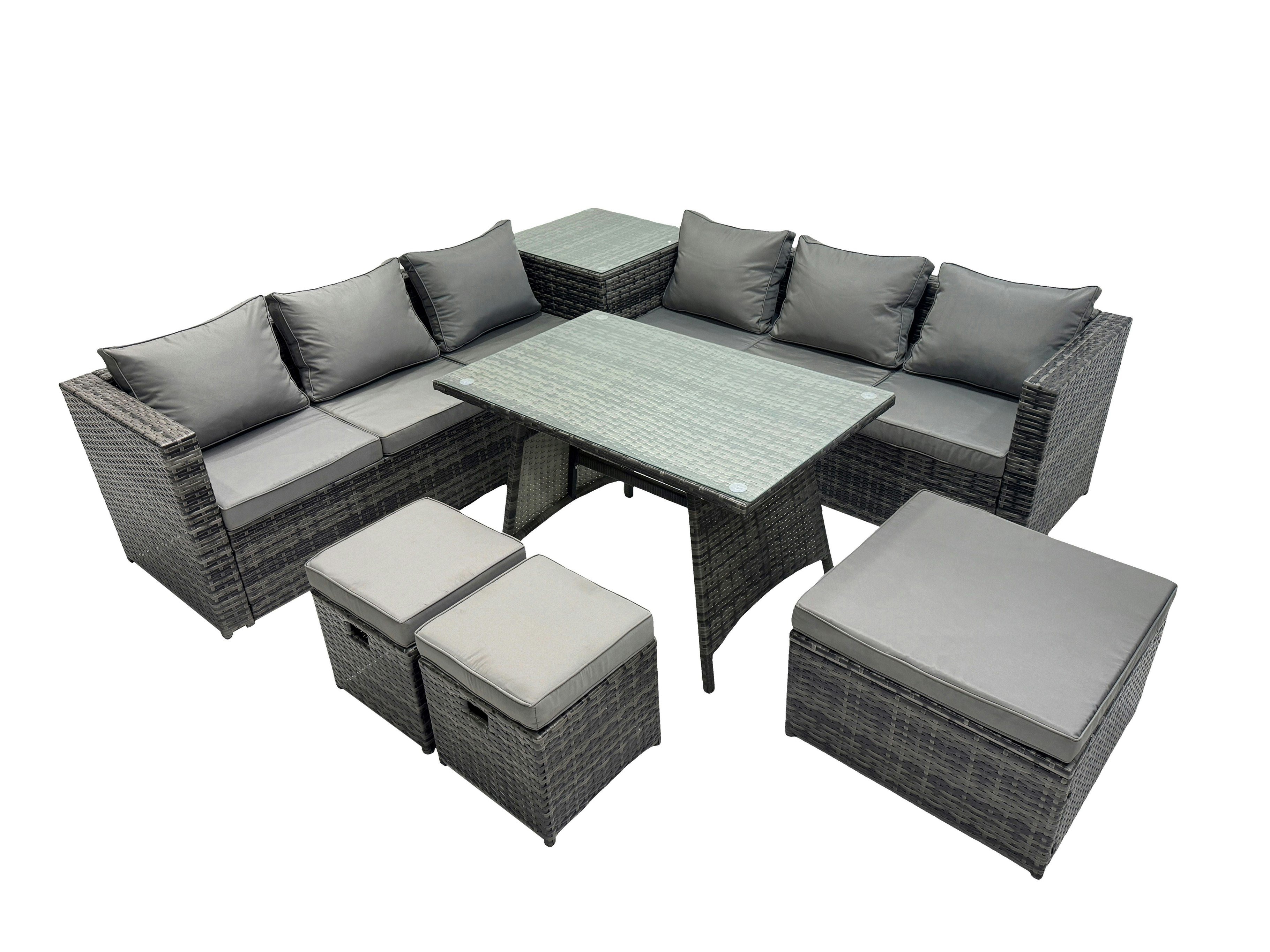 Fimous Dark/Grey Outdoor Corner Sofa Dining Table Set Garden Rattan Furniture Set 9 Seater With Side Table 3 Stools