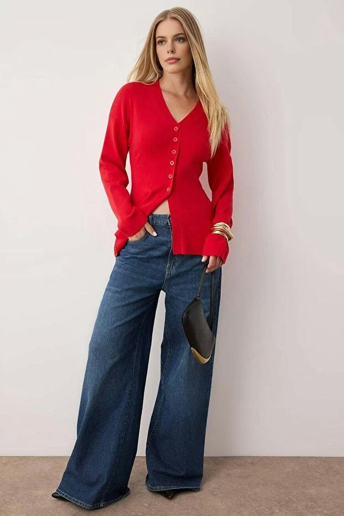 Wovcor Red V-Neck Mercerized Look Premium Yarn Knit Cardigan - M