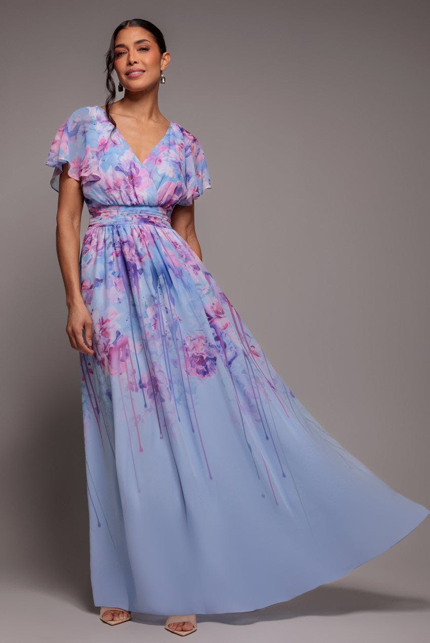 Goddiva Blue Printed Silky Chiffon Flutter Sleeve Maxi Dress - By - 8