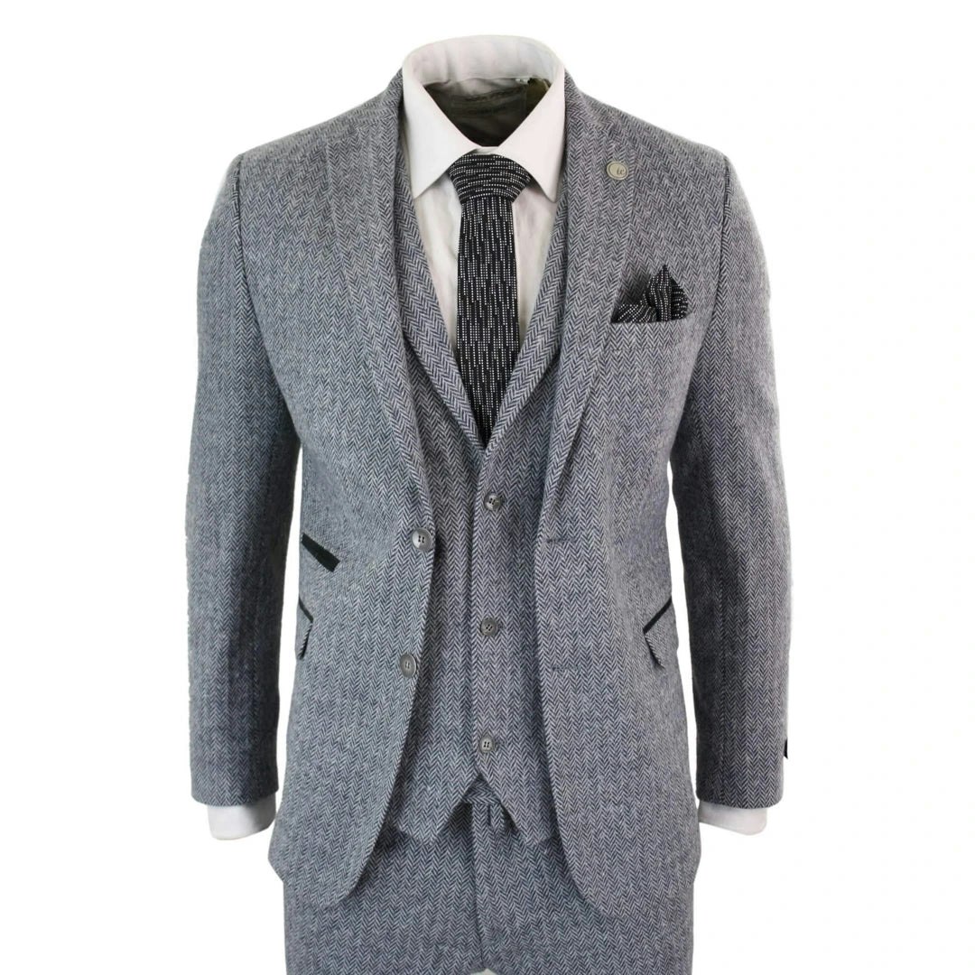 Truclothing Men's Light/Grey Stz11 - 3 Piece Tweed Suit Herringbone Wool - 50" Jacket 44" Trousers