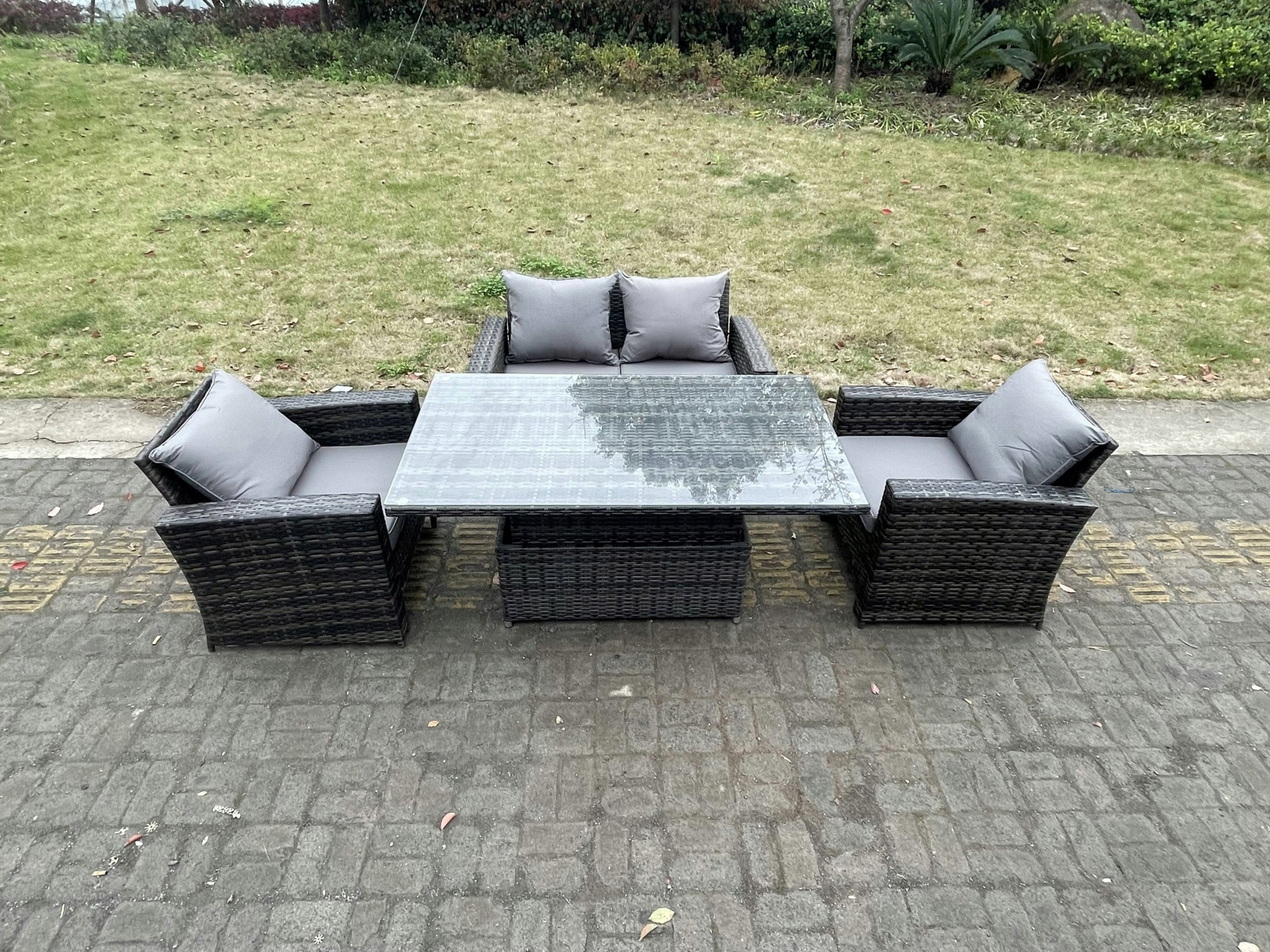 Rackhams Dark/Grey Rattan Outdoor Furniture Adjustable Rising Lifting Rectangle Dining Table Chairs Two Seater Love Sofa Sets 4 Seater