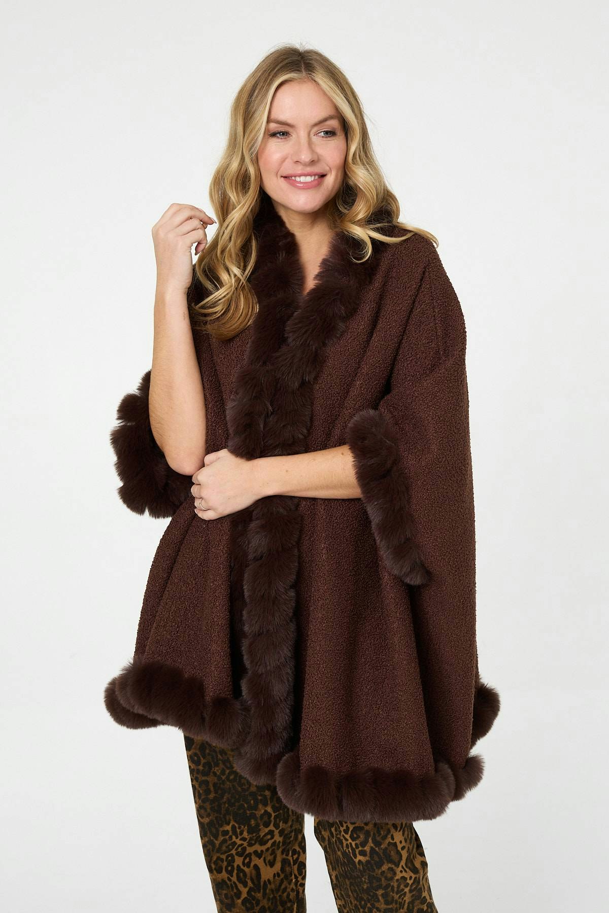Izabel London Brown Faux Fur Trim 3/4 Sleeve Poncho - One