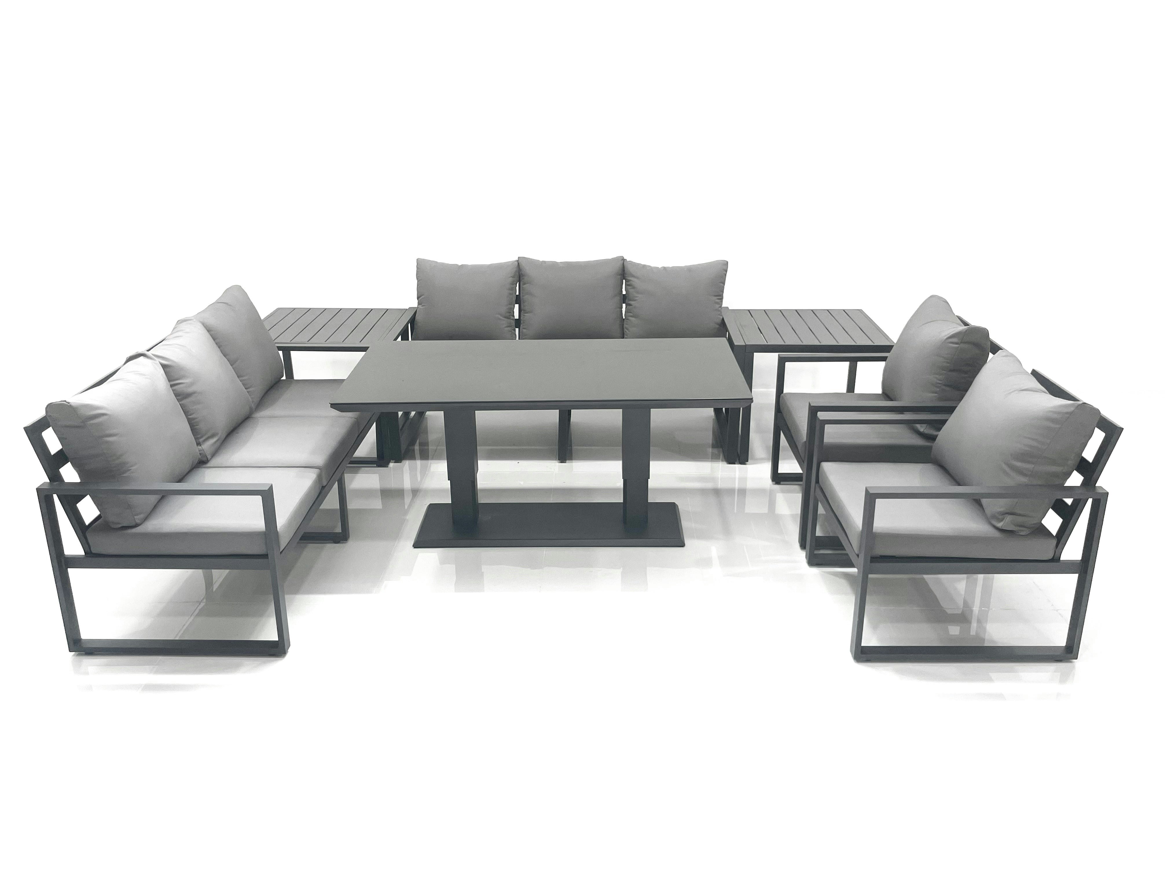 Fimous Dark/Grey Garden Sofa Set Aluminium Furniture Rising Dining Tabe Set With 2 Chair 2 Side Tables