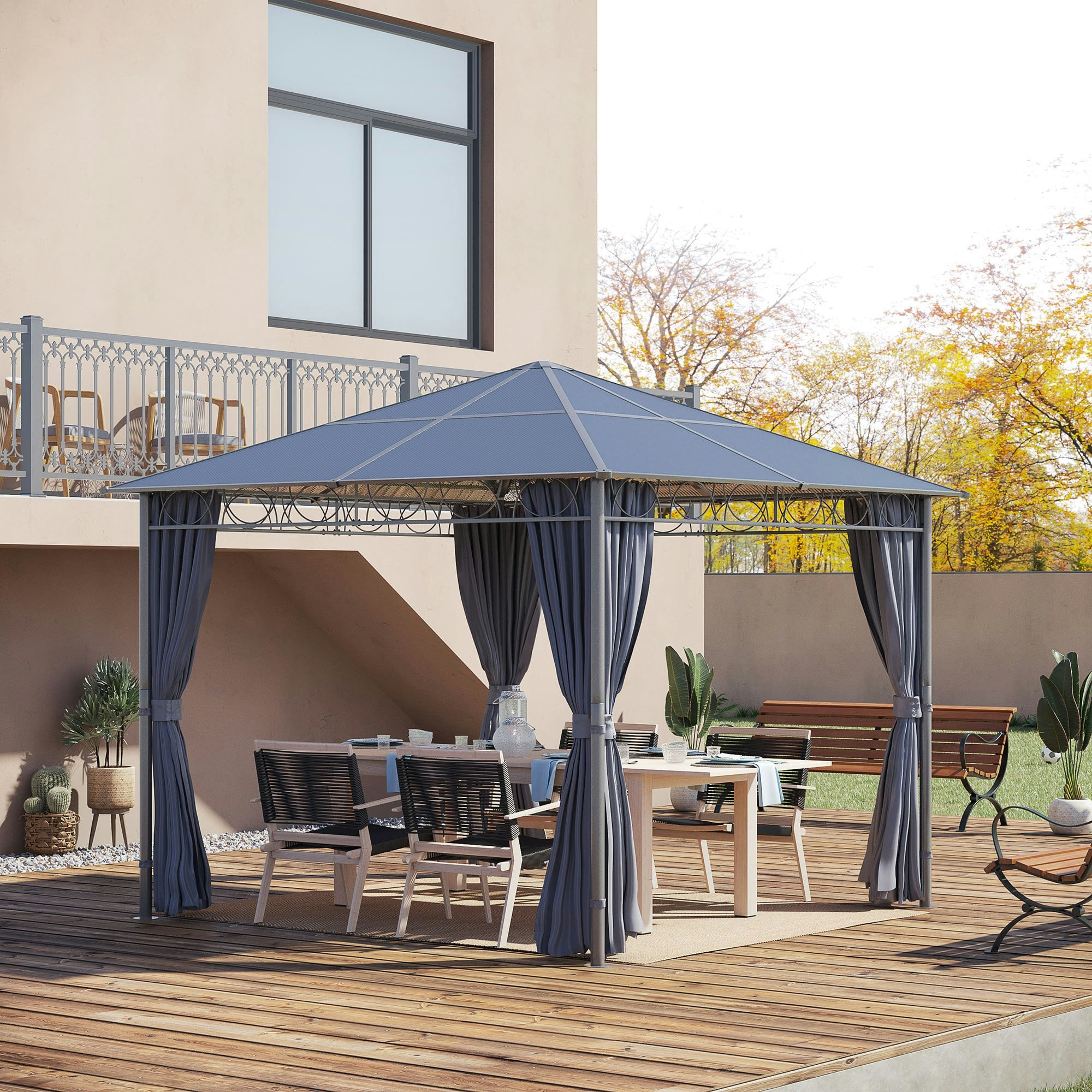 Rackhams 3 X 3(M) Hardtop Gazebo For Garden Party W/ Polycarbonate Curtains
