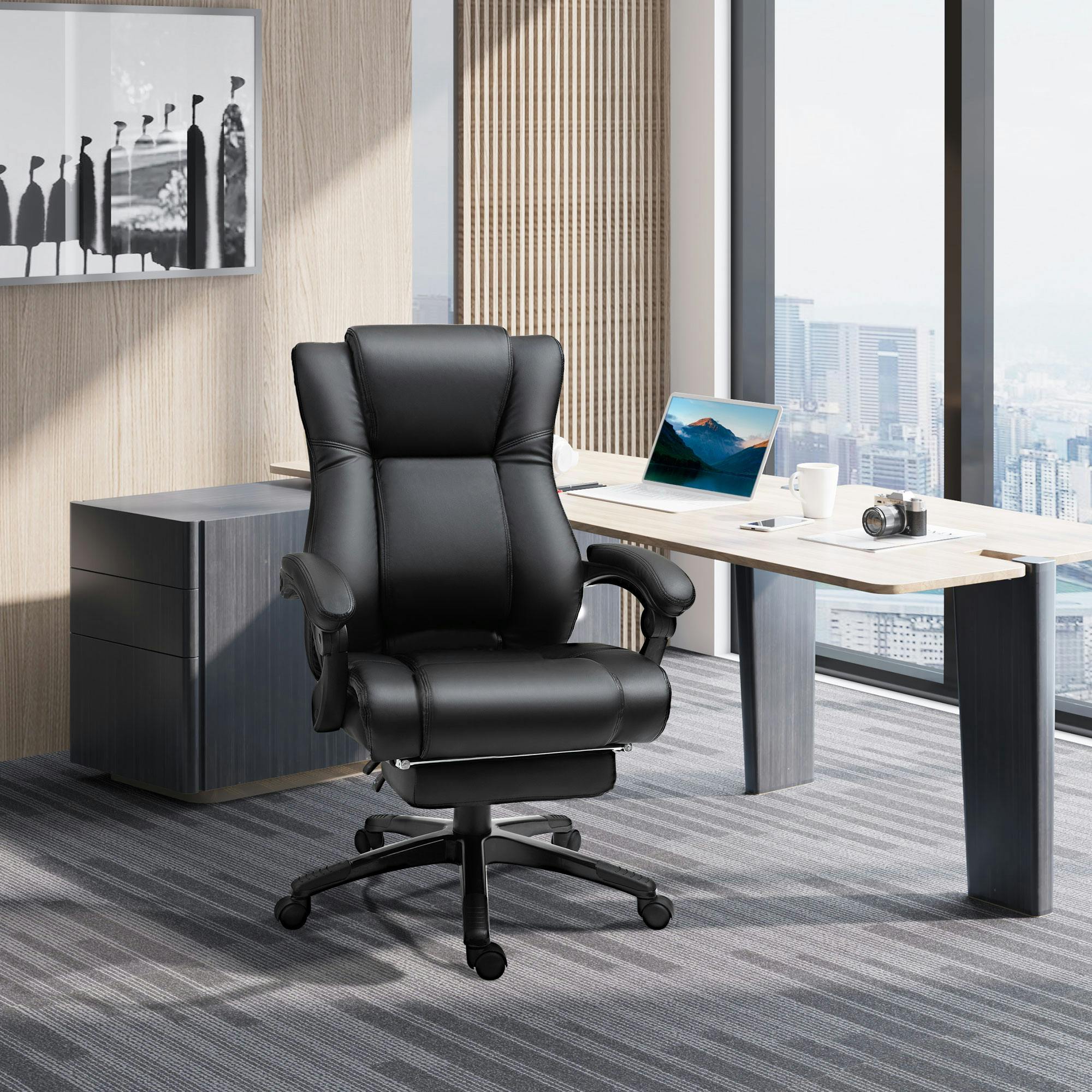Executive Home Office Chair High Back Recliner with Footrest Ergonomic Black - Image 3