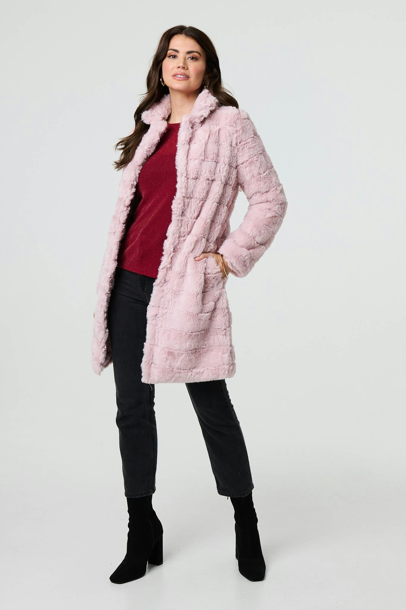 Izabel London Pink Faux Fur Thigh Length Coat - 18