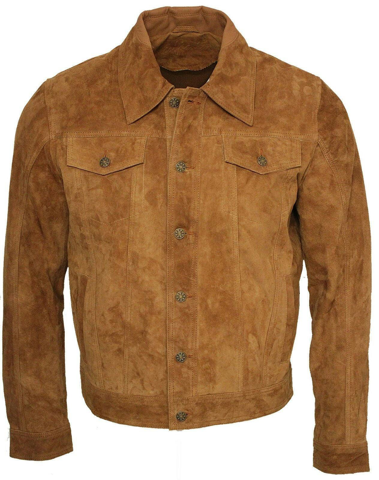 Infinity Leather Men's Black/Burgundy/Green Goat Suede Leather Trucker Jacket-Taraz - Tan - Uk 3XL | Eu 56 | Us 46