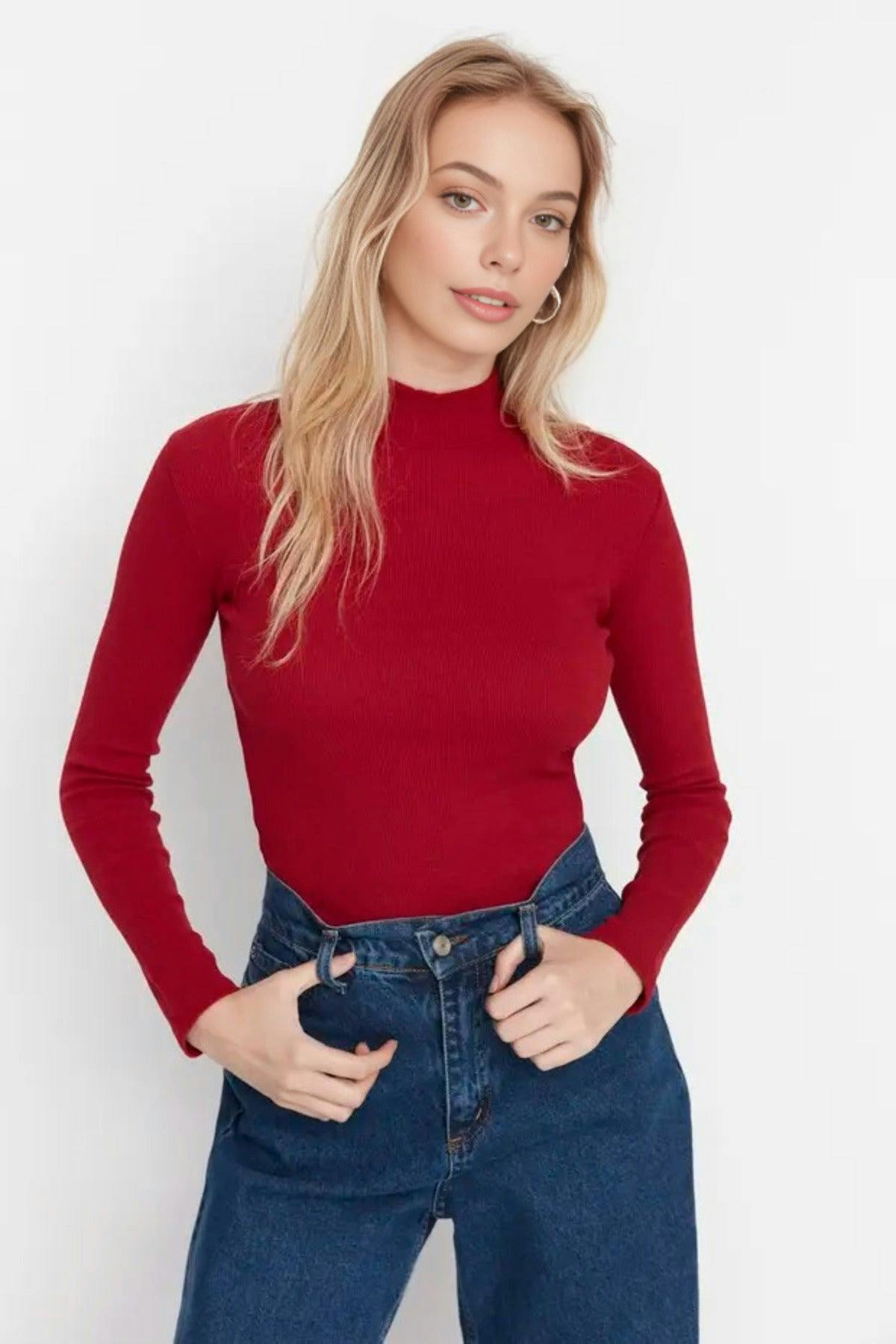 Wovcor Burgundy Fitted Stand Collar Long Sleeve Ribbed Knit Blouse - L