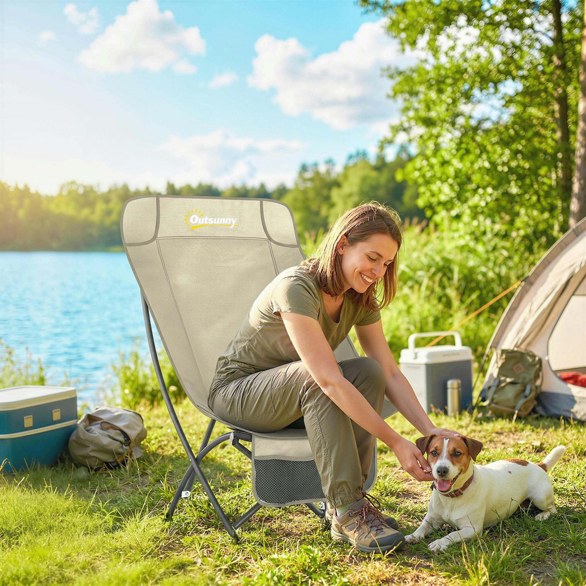 Outsunny Unisex Khaki Heavy Duty Camping Chair Portable For Adults With Side Pocket | Size: Single - Image 2