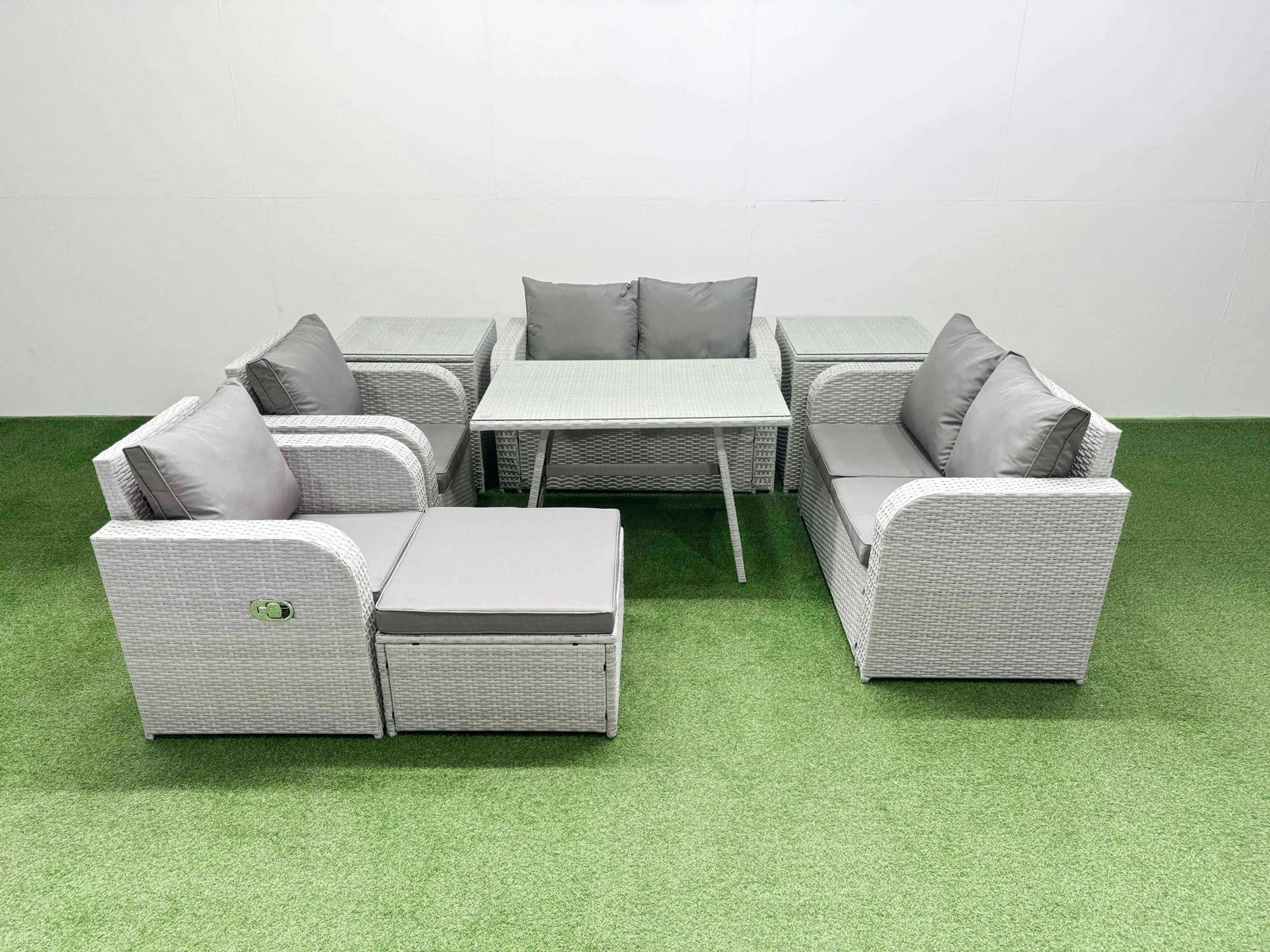 Fimous Light/Grey 7 Seater Rattan Garden Furniture Set Outdoor Love Sofa Set With Rectangular Dining Table 2 Side Tables Big Footstool