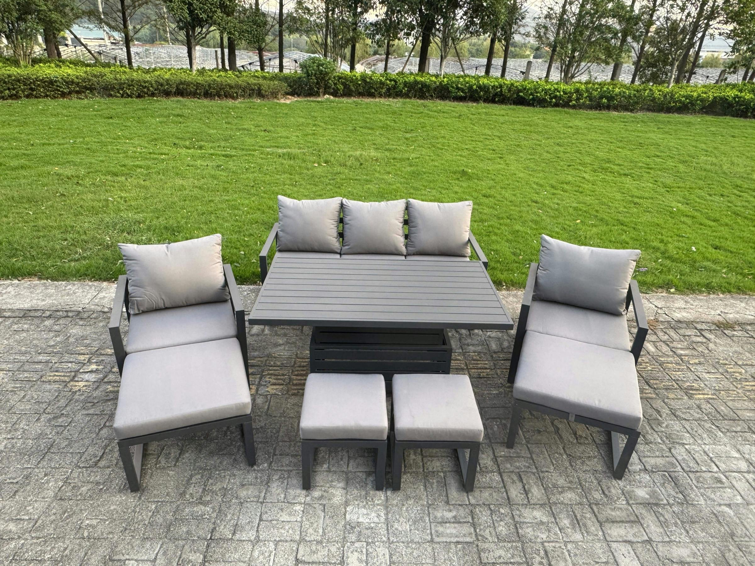Fimous Dark/Grey Aluminium Garden Furniture Sets 9 Seater Outdoor Sofa Set With Adjustable Rising Dining Table 2 Chairs 4 Footstools