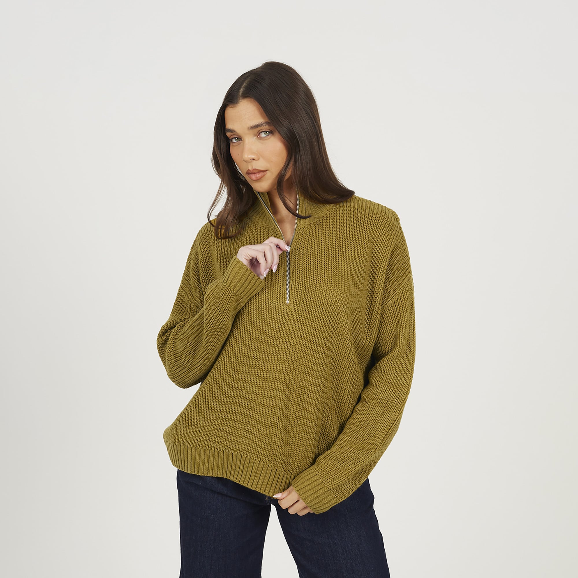 Brave Soul Half Zip Funnel Neck Fisherman Knit Jumper - Olive - S - Olive
