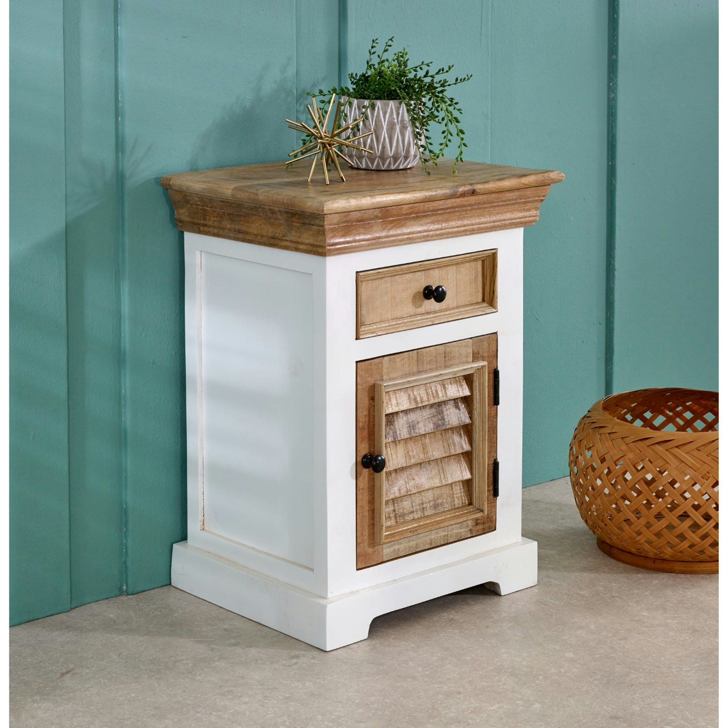 Ih Design White Milano Solid Mango Wood Bedside Cabinet With 1 Darwer & 1 Door - Wood - 1 - 45X35x60 Cm (Lxdxh)