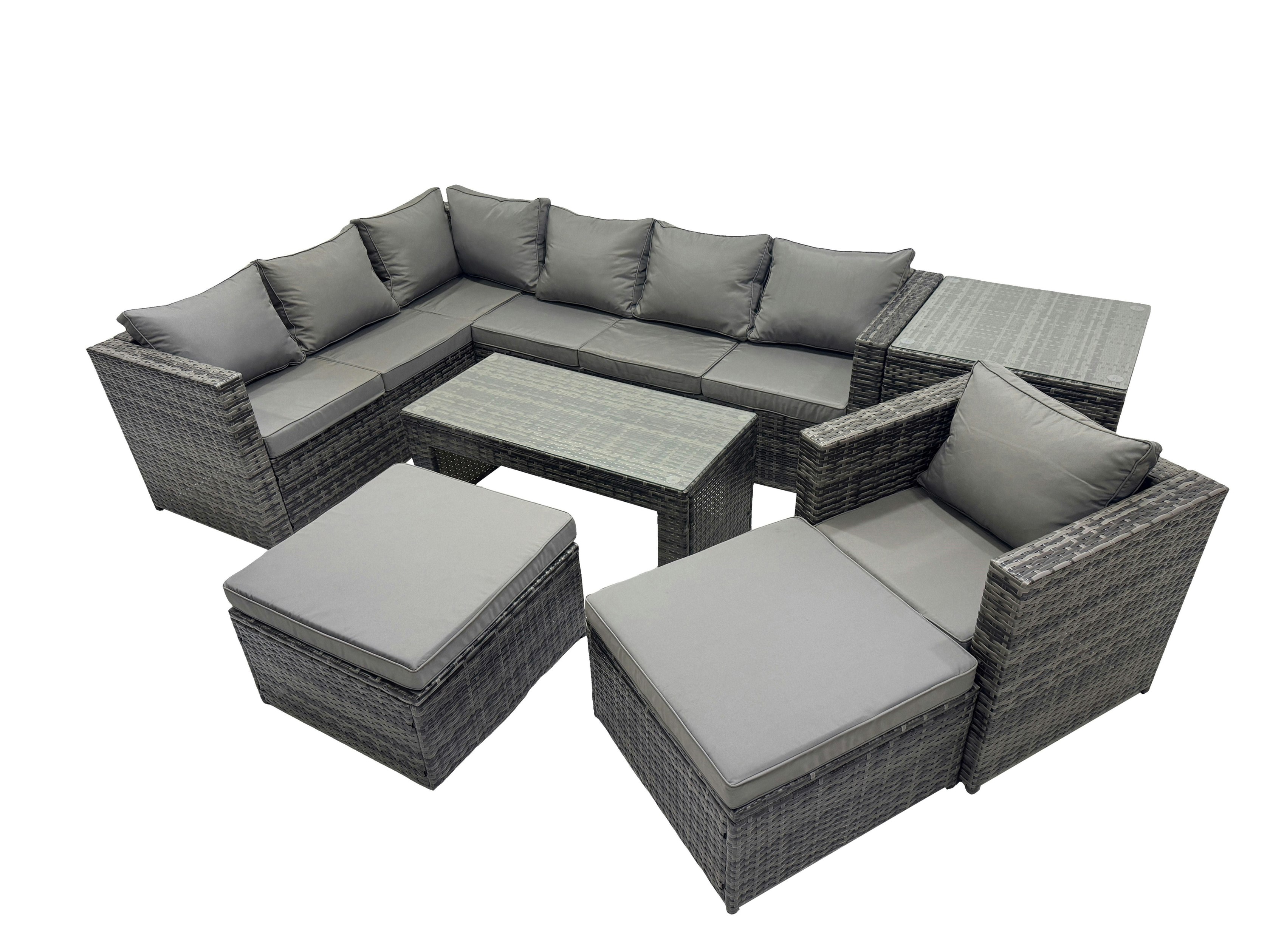 Fimous Dark/Grey 7 Pieces Outdoor Pe Rattan Garden Furniture Corner Sofa Oblong Coffee Table Set With Cushions 2 Big Footstools Side Table Mixed