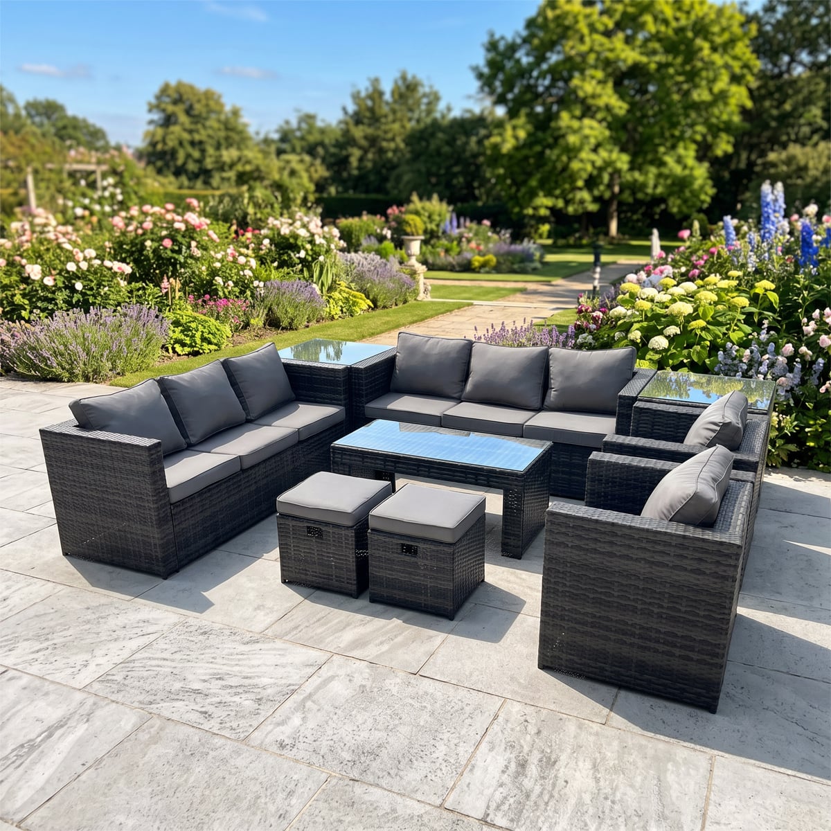 Rackhams Dark/Grey Rattan Garden Furniture Sofa Set With Coffee Table Armchair 2 Side Tables 2 Small Footstools Mixed
